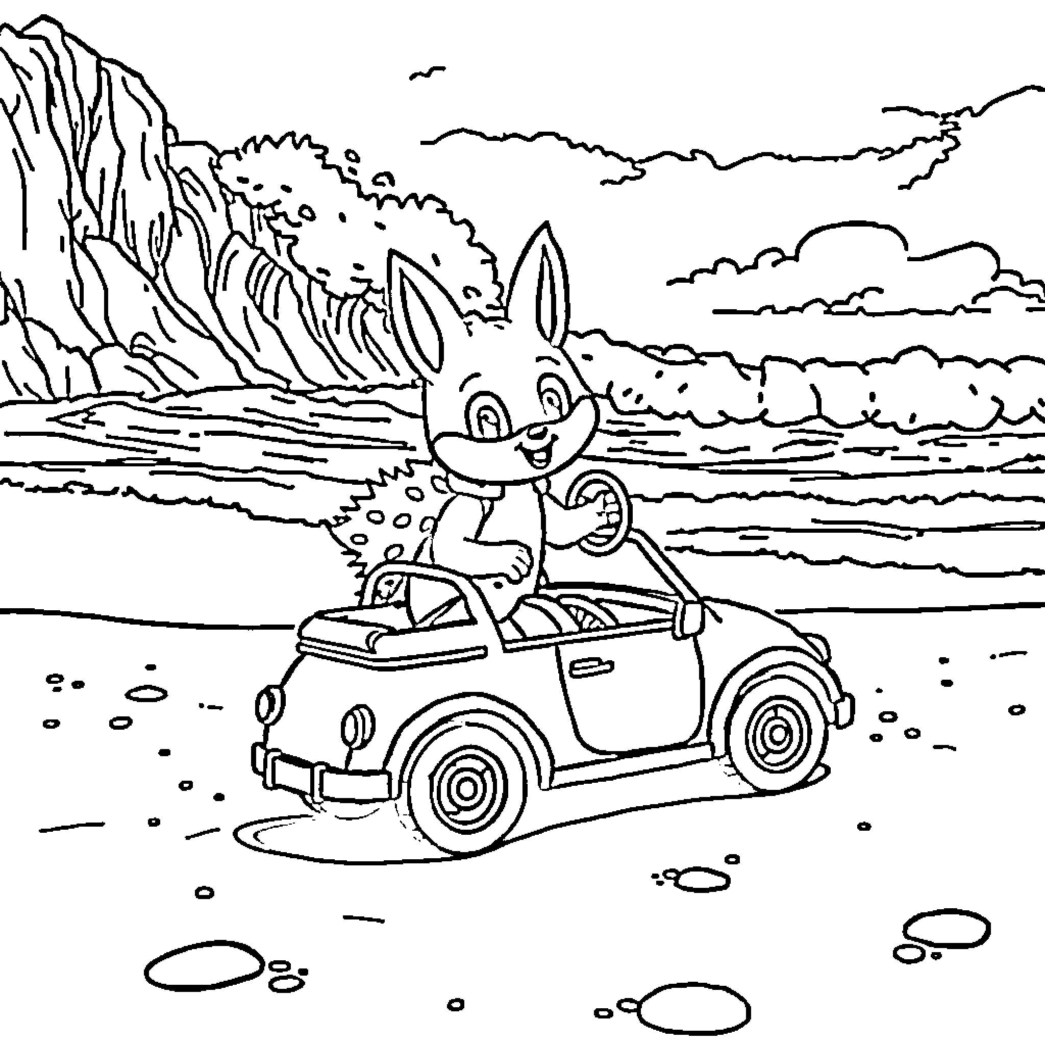 Ant driving a car through the countryside Coloring Page (free black-and-white line drawing printable PDF for all, from beginners to advanced learners, including children, teens, adults, and seniors)