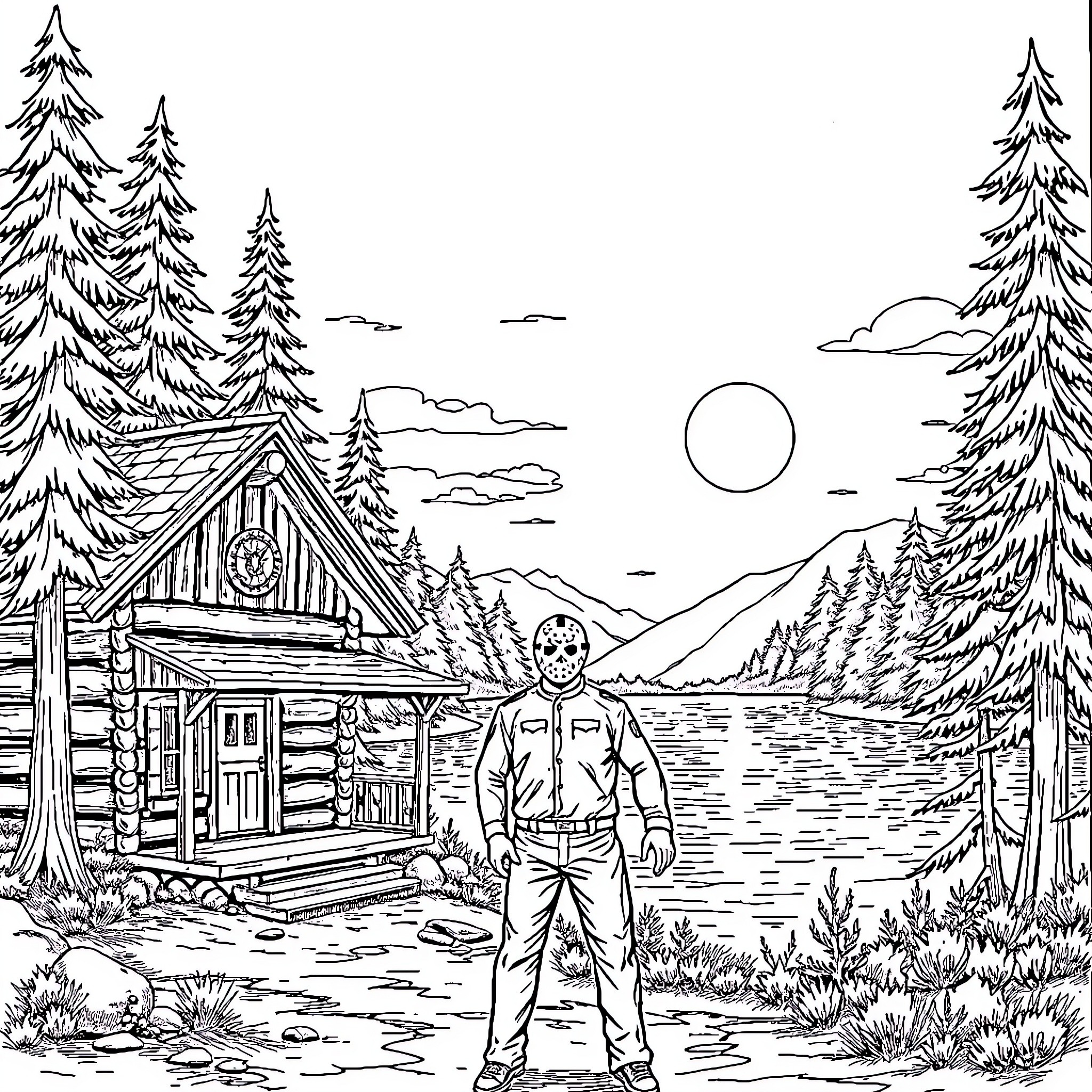 Jason Voorhees stalking in the forest Coloring Page (free black-and-white line drawing printable PDF for all, from beginners to advanced learners, including children, teens, adults, and seniors)