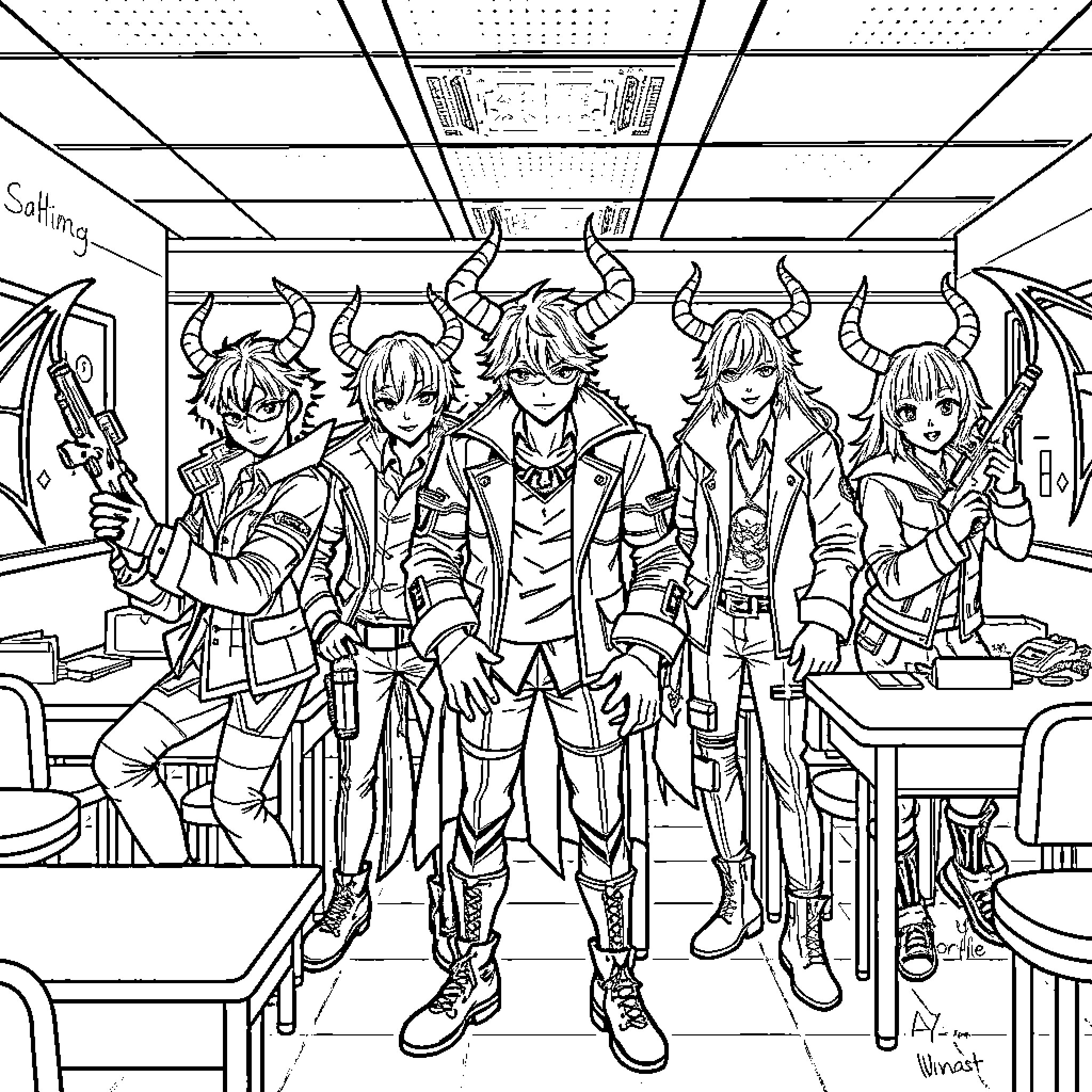 Kpop Demon Hunters in Futuristic Classroom Coloring Page (free black-and-white line drawing printable PDF for all, from beginners to advanced learners, including children, teens, adults, and seniors)