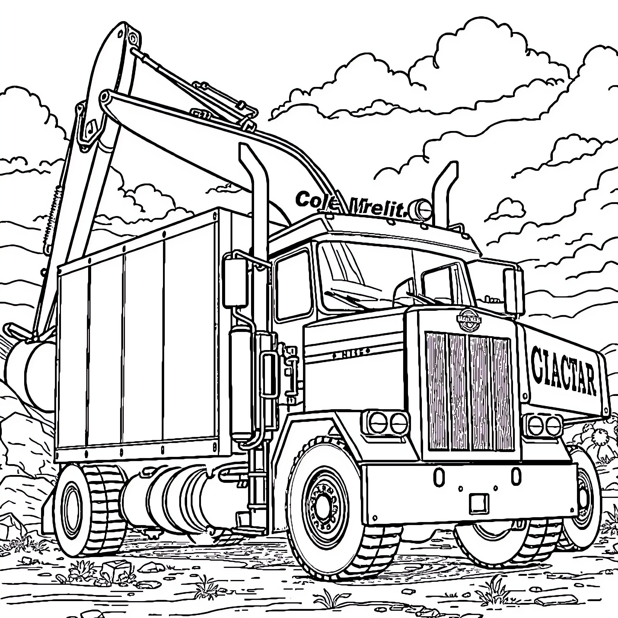 Truck transporting construction materials through the countryside Coloring Page (free black-and-white line drawing printable PDF for all, from beginners to advanced learners, including children, teens, adults, and seniors)