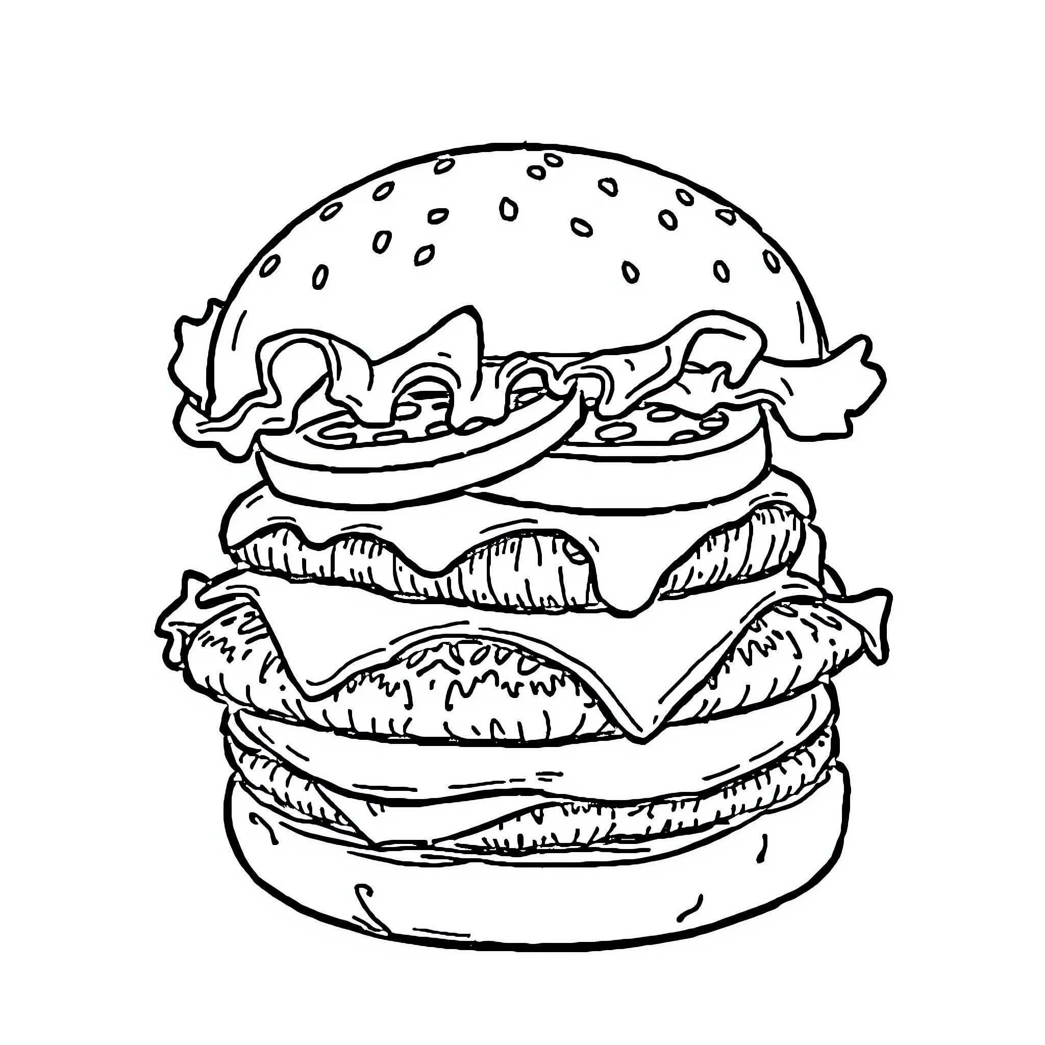 Hamburger with Layered Ingredients Coloring Page (free black-and-white line drawing printable PDF for all, from beginners to advanced learners, including children, teens, adults, and seniors)