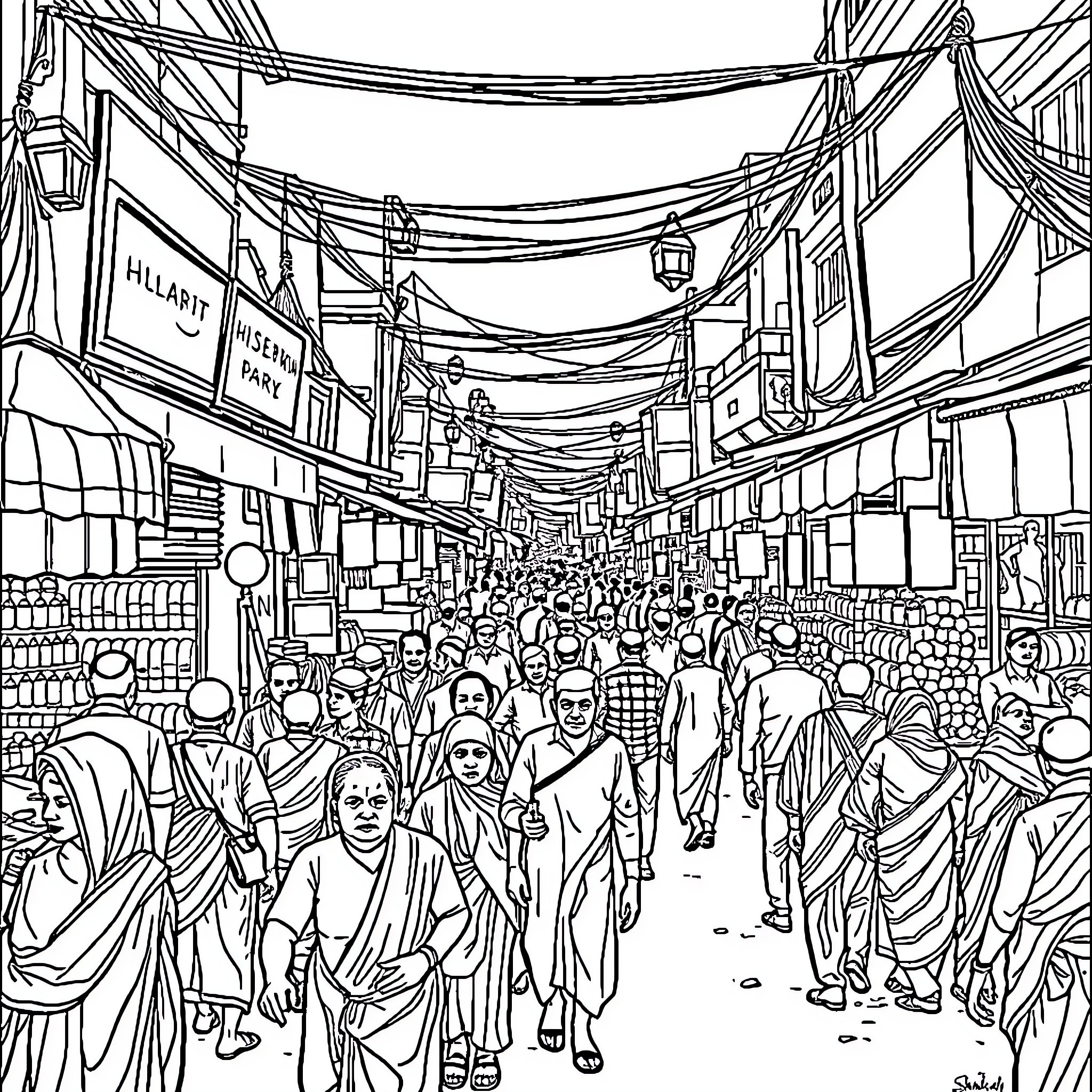 Bihari Street Hustle: Vibrant Marketplace Bustle Coloring Page (free black-and-white line drawing printable PDF for all, from beginners to advanced learners, including children, teens, adults, and seniors)
