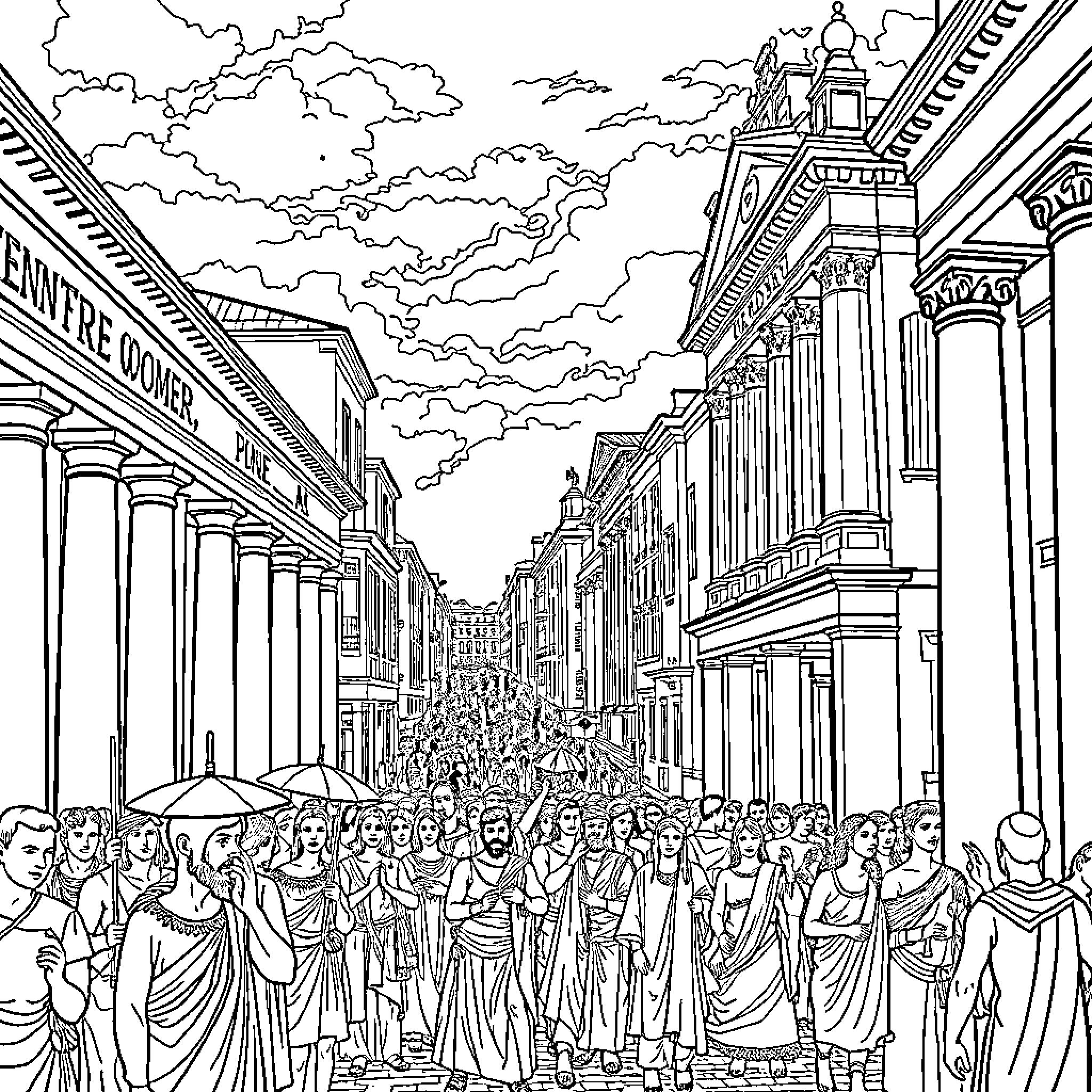 Rome: Bustling Procession in Ancient City Streets Coloring Page (free black-and-white line drawing printable PDF for all, from beginners to advanced learners, including children, teens, adults, and seniors)