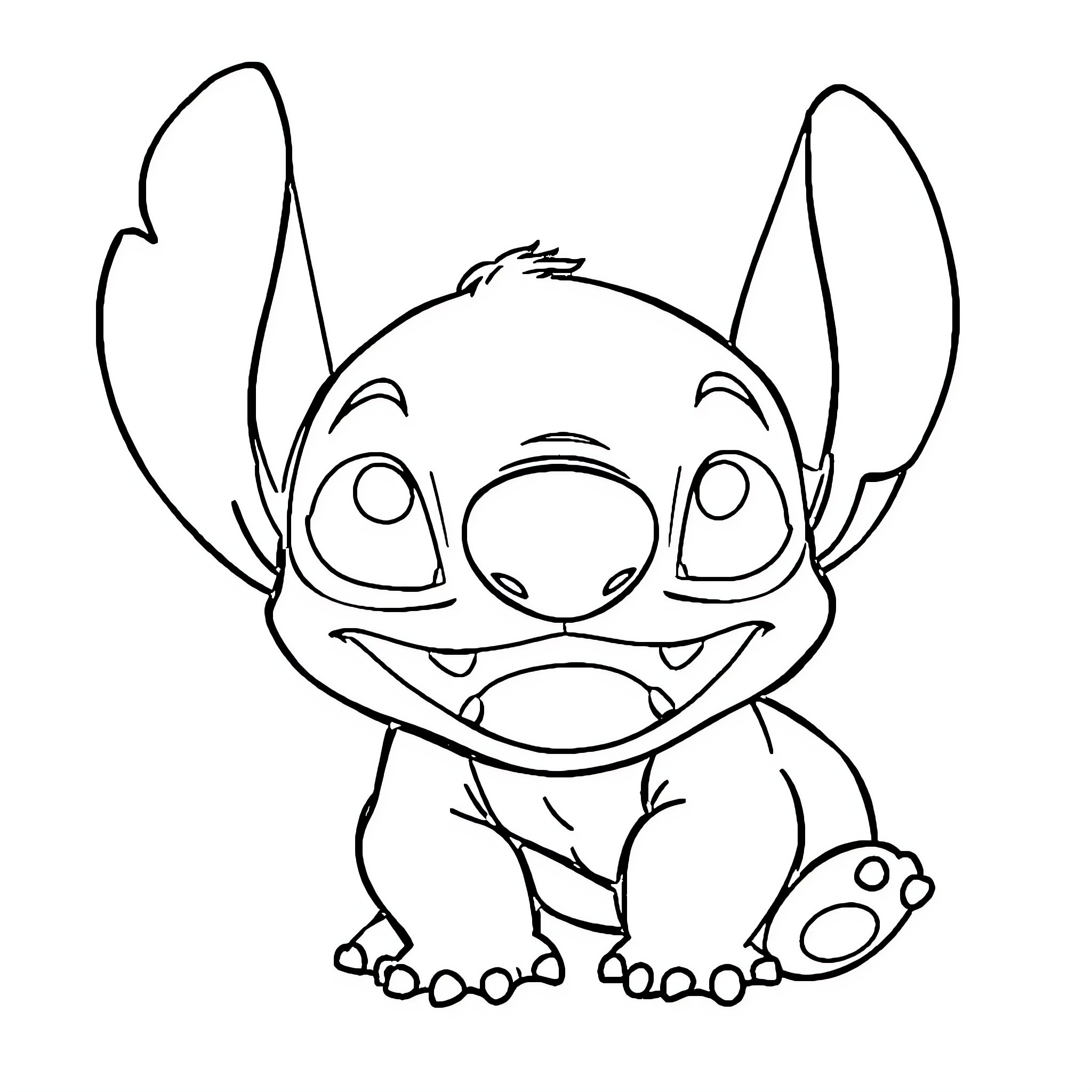 Stitch character smiling and sitting Coloring Page (free black-and-white line drawing printable PDF for all, from beginners to advanced learners, including children, teens, adults, and seniors)