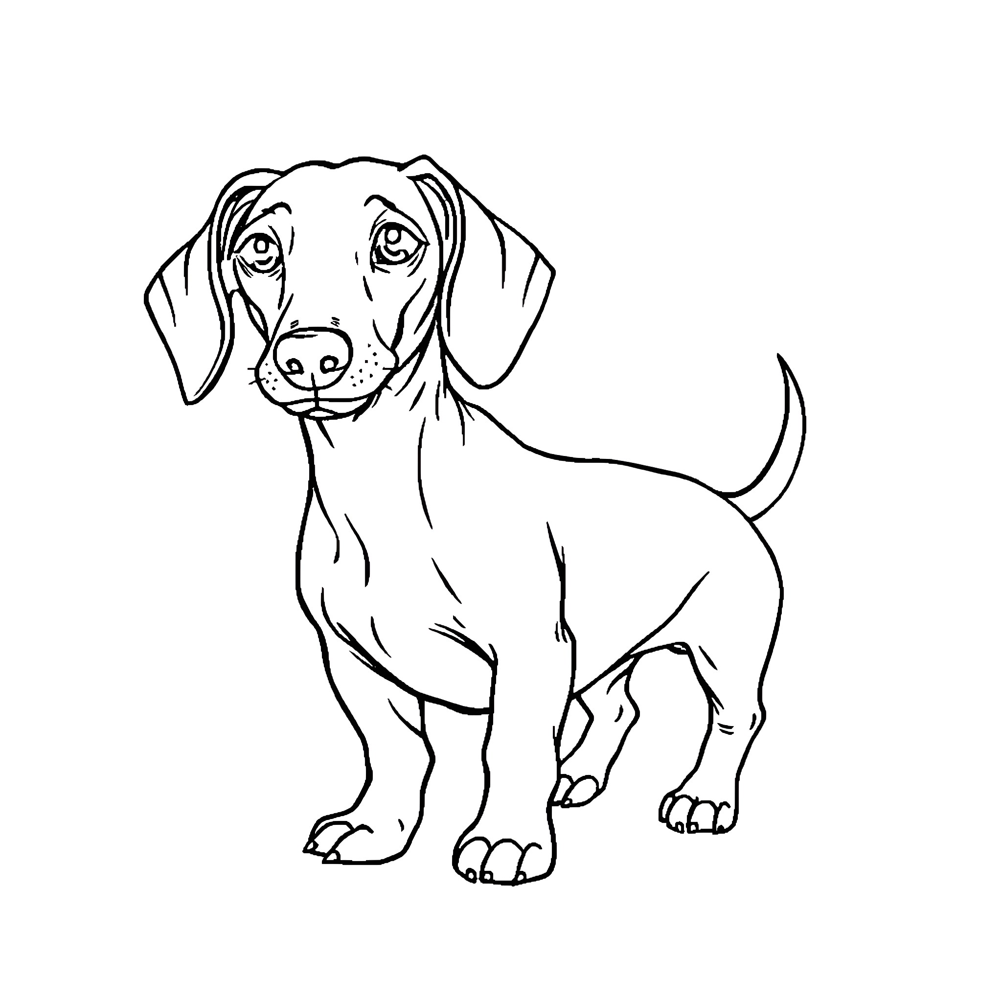 Dachshund pup standing alert and curious Coloring Page (free black-and-white line drawing printable PDF for all, from beginners to advanced learners, including children, teens, adults, and seniors)