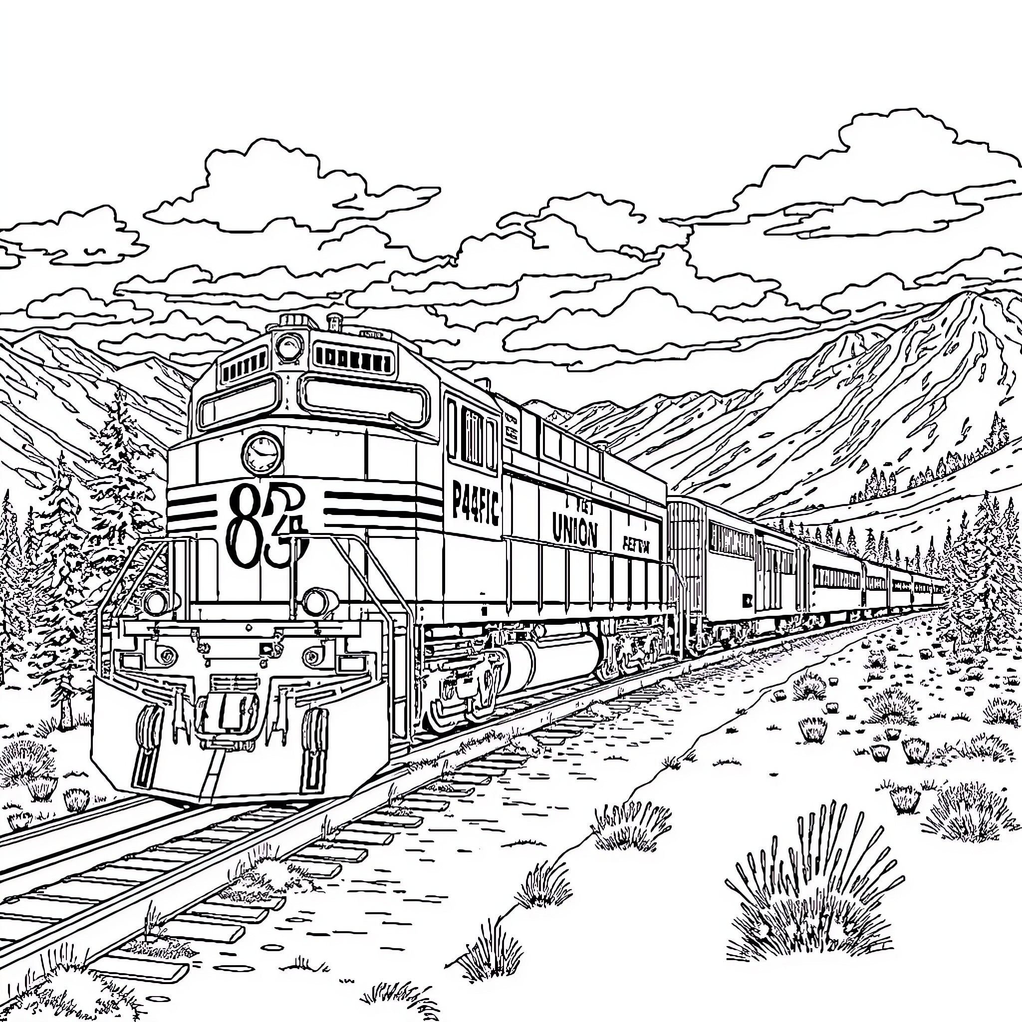 Locomotive Traversing Mountainous Landscape Coloring Page (free black-and-white line drawing printable PDF for all, from beginners to advanced learners, including children, teens, adults, and seniors)