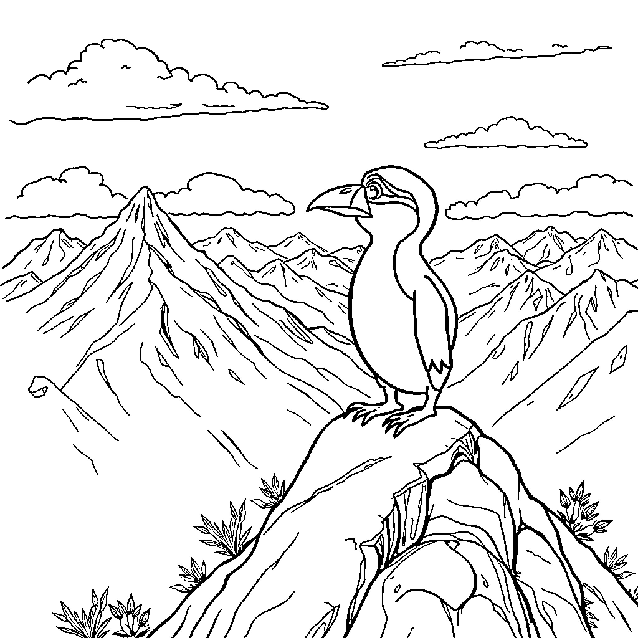 Pato atop a rocky mountain vista Coloring Page (free black-and-white line drawing printable PDF for all, from beginners to advanced learners, including children, teens, adults, and seniors)