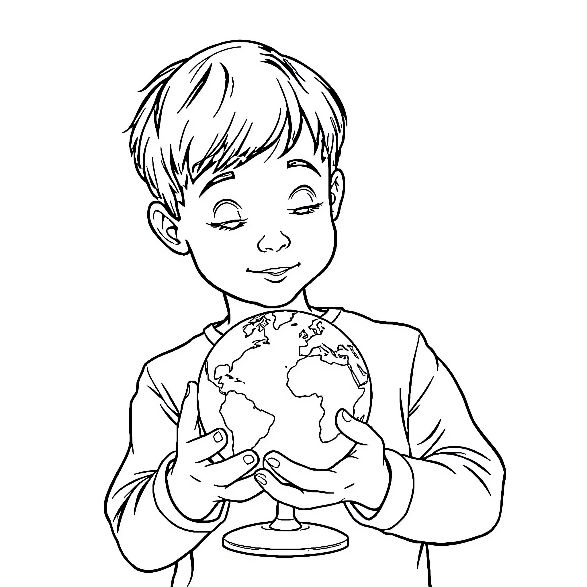 Boy exploring the world with a globe Coloring Page (free black-and-white line drawing printable PDF for all, from beginners to advanced learners, including children, teens, adults, and seniors)