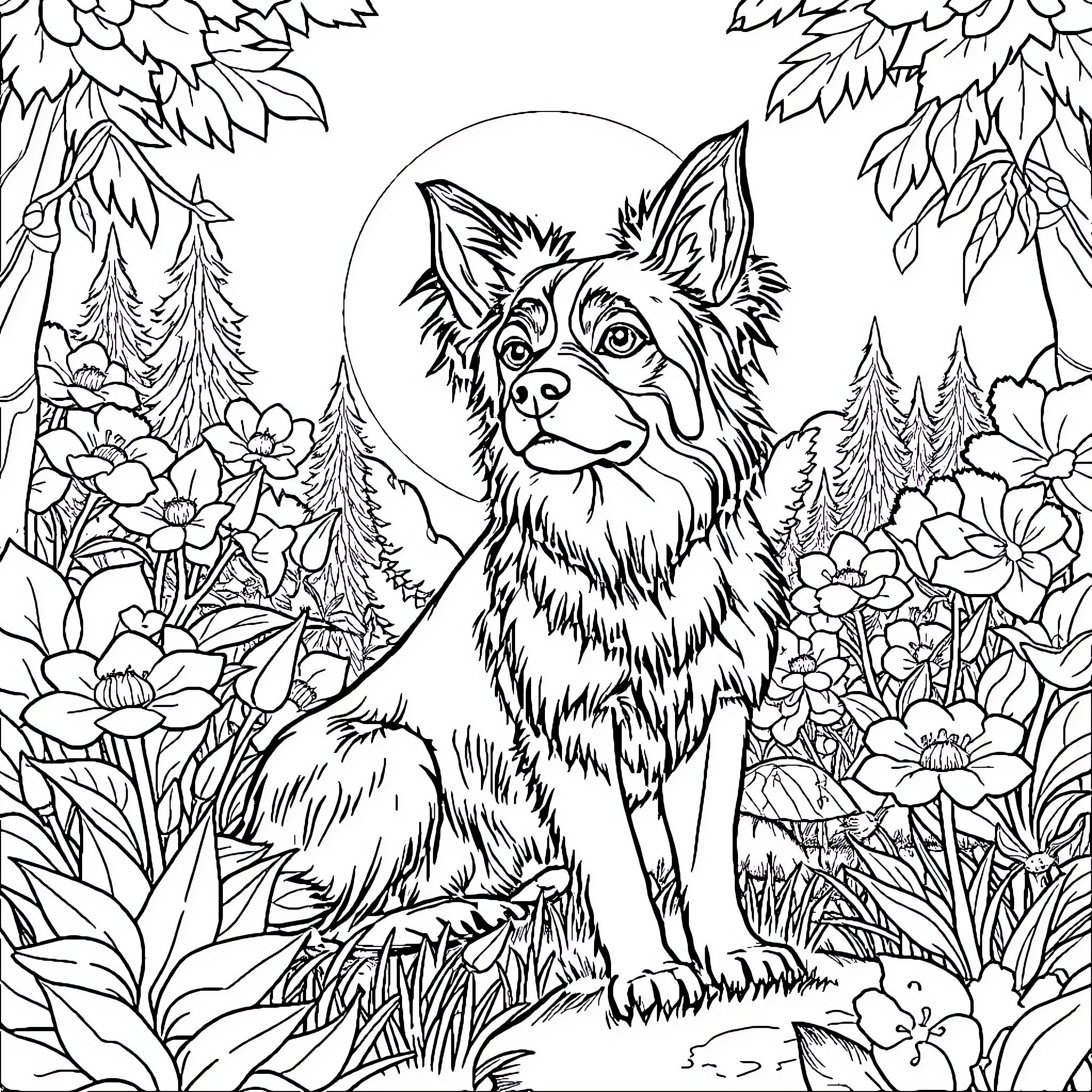 Paw Patrol pup in a floral forest scene Coloring Page (free black-and-white line drawing printable PDF for all, from beginners to advanced learners, including children, teens, adults, and seniors)