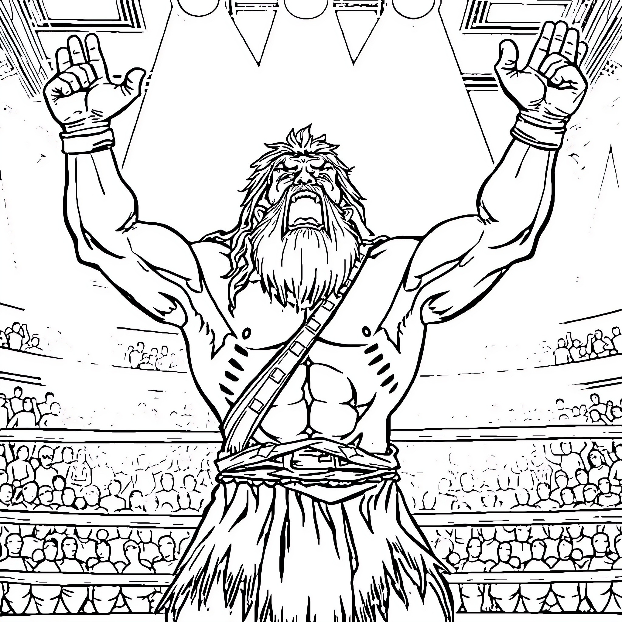 Caveman Wrestler Flexing Muscles in the Arena Coloring Page (free black-and-white line drawing printable PDF for all, from beginners to advanced learners, including children, teens, adults, and seniors)