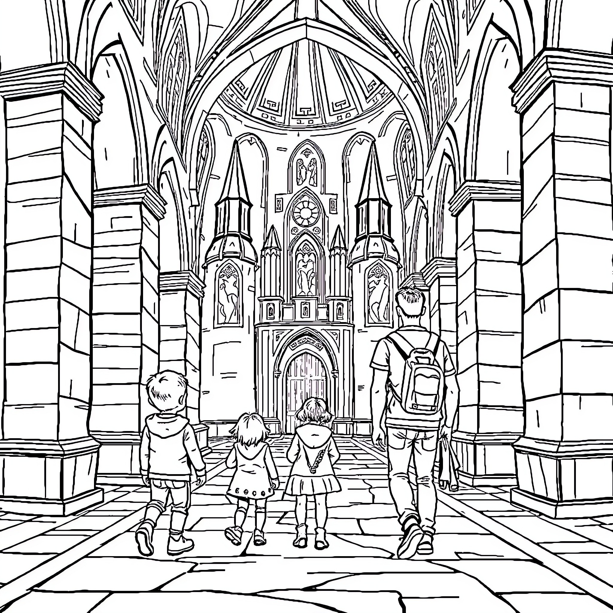 Child exploring a grand cathedral with friends Coloring Page (free black-and-white line drawing printable PDF for all, from beginners to advanced learners, including children, teens, adults, and seniors)