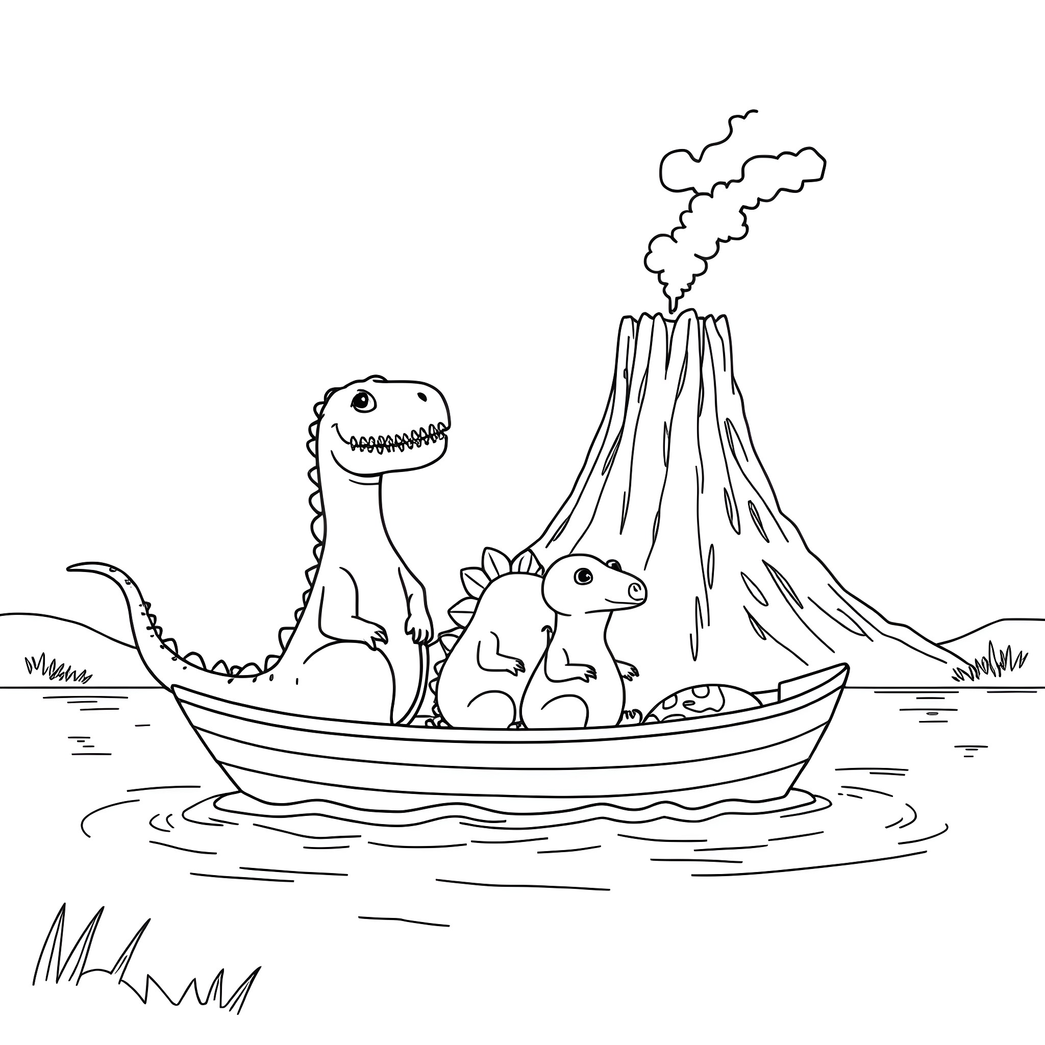 Dinosaurs exploring the prehistoric world in a boat Coloring Page (free black-and-white line drawing printable PDF for all, from beginners to advanced learners, including children, teens, adults, and seniors)