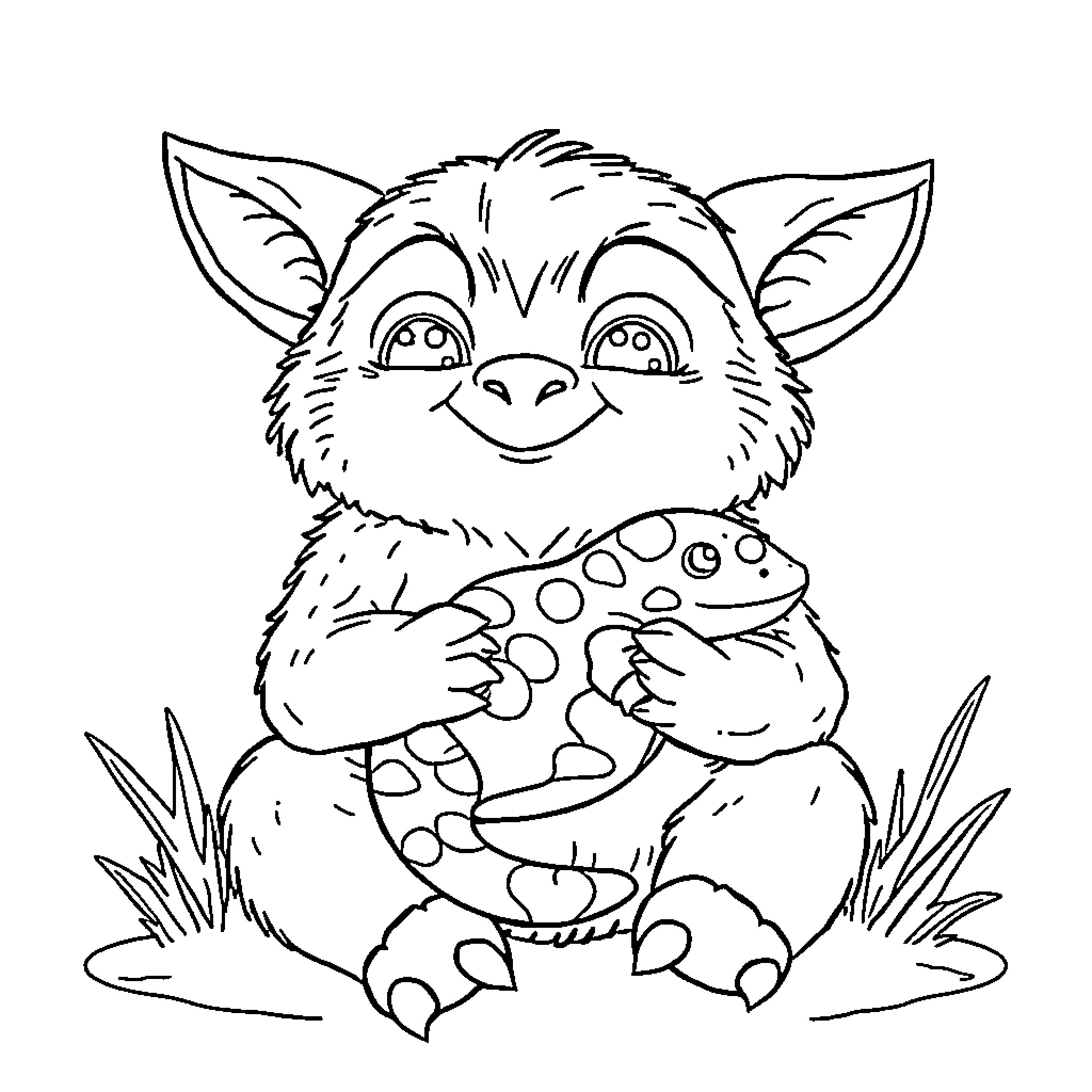 Ewok playing with toy in the grass Coloring Page (free black-and-white line drawing printable PDF for all, from beginners to advanced learners, including children, teens, adults, and seniors)