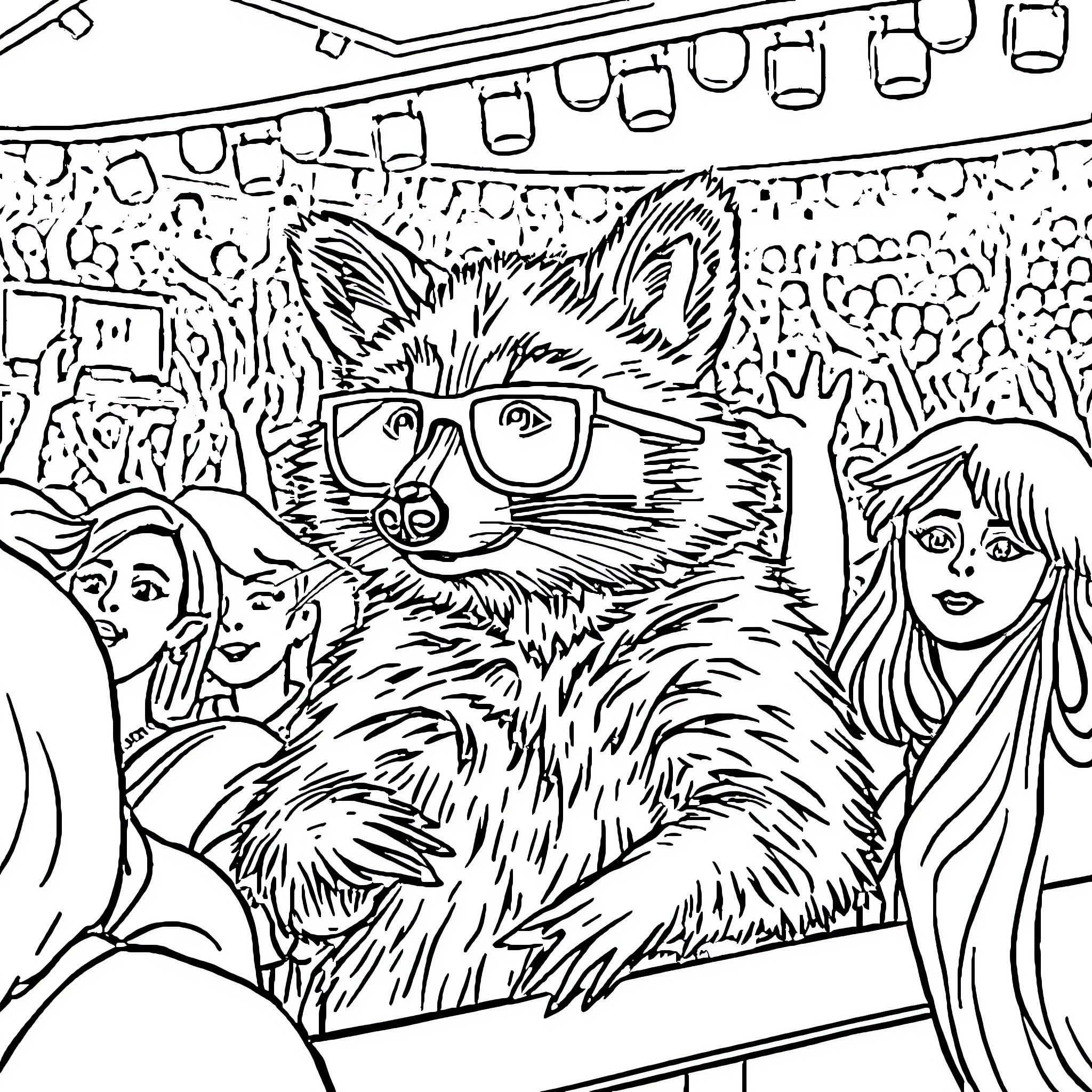 Raccoon enjoying a party with friends Coloring Page (free black-and-white line drawing printable PDF for all, from beginners to advanced learners, including children, teens, adults, and seniors)