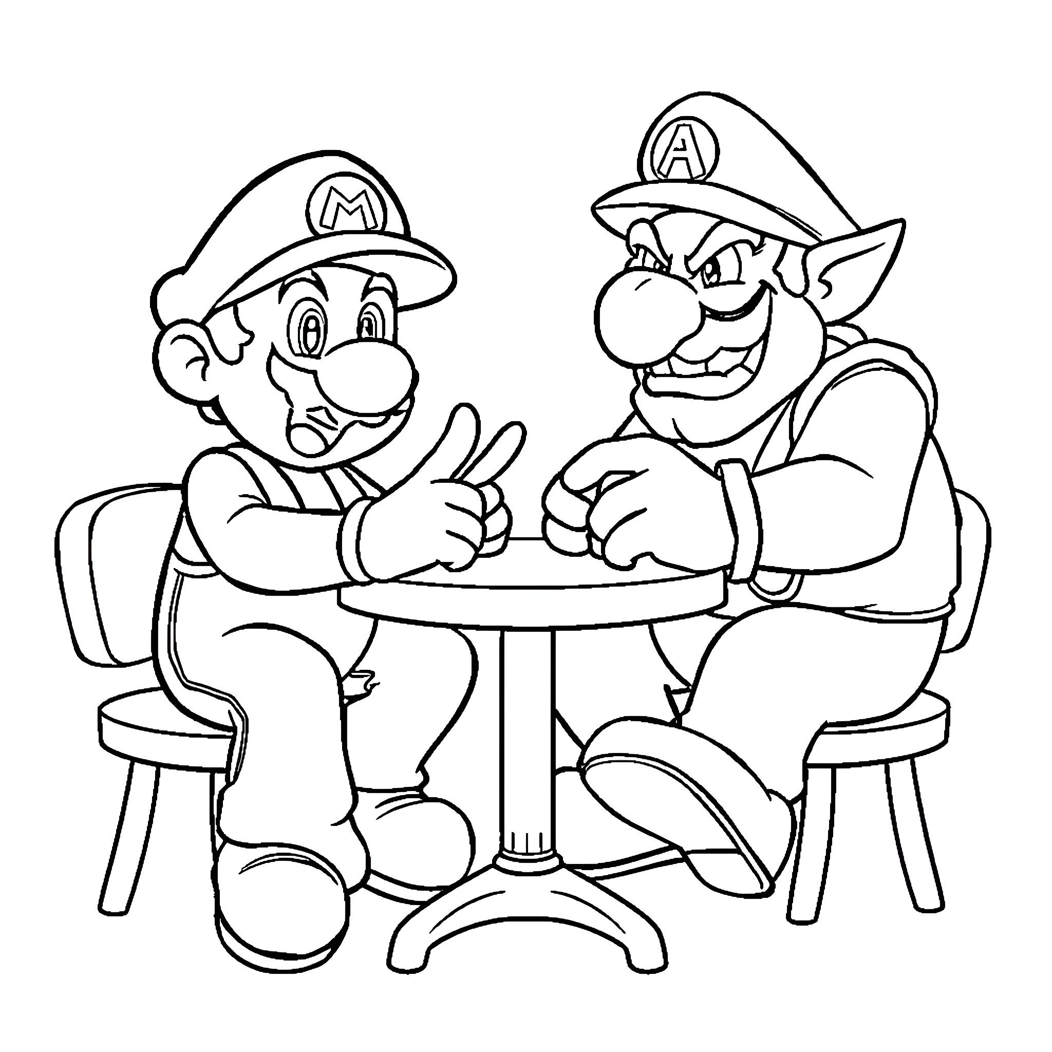Mario and Luigi Playing at the Table Coloring Page (free black-and-white line drawing printable PDF for all, from beginners to advanced learners, including children, teens, adults, and seniors)