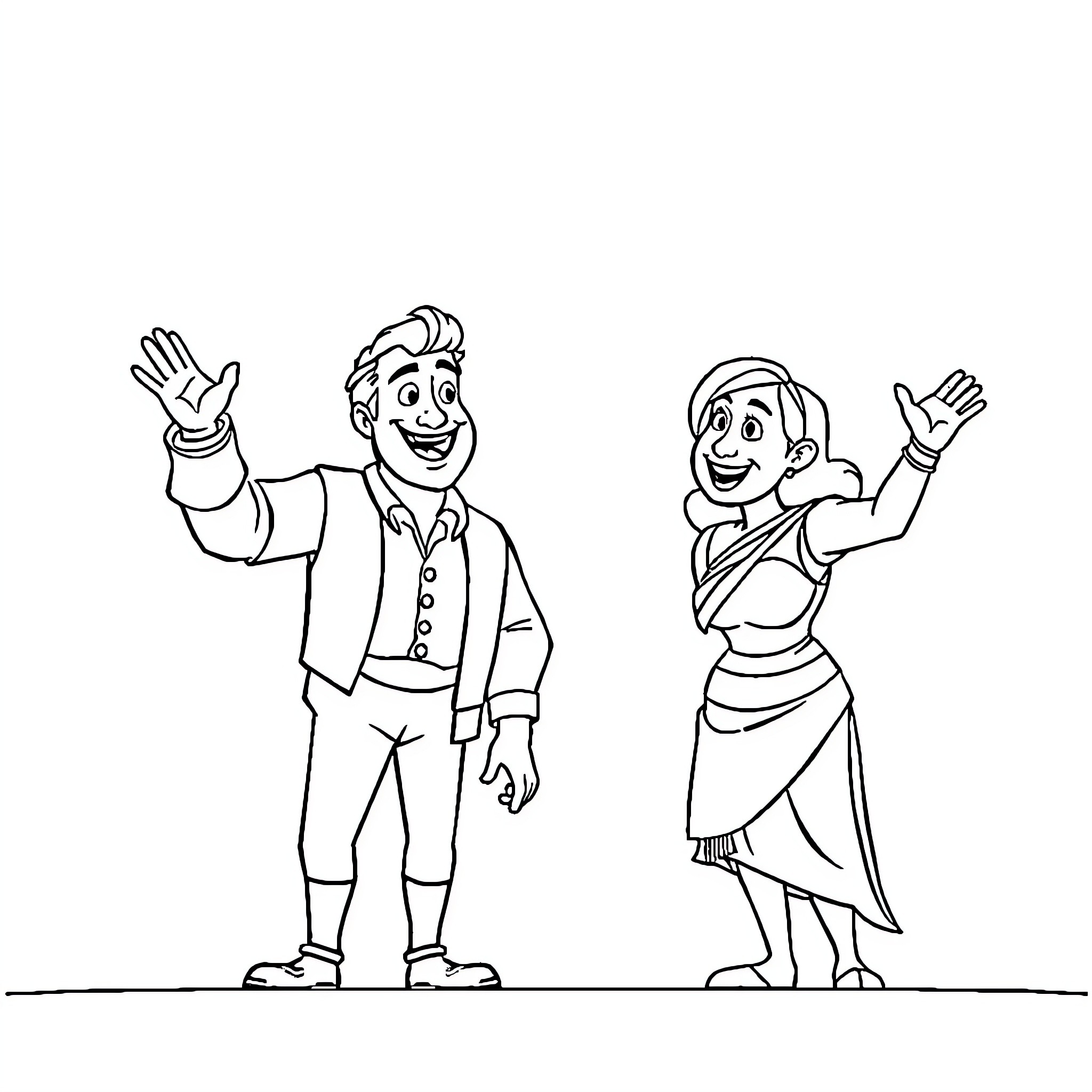 Squid Game characters in cheerful poses Coloring Page (free black-and-white line drawing printable PDF for all, from beginners to advanced learners, including children, teens, adults, and seniors)