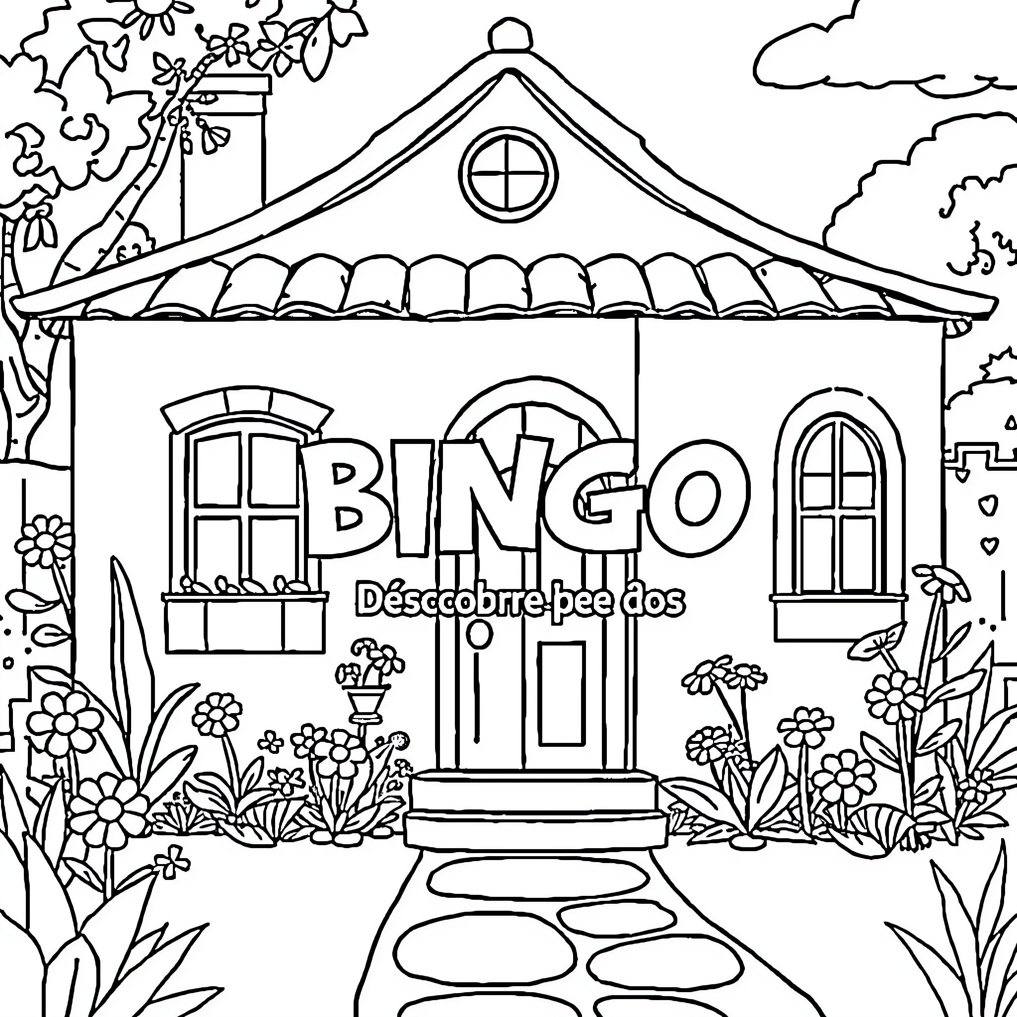 Home with Bingo hall and outdoor scenery Coloring Page (free black-and-white line drawing printable PDF for all, from beginners to advanced learners, including children, teens, adults, and seniors)