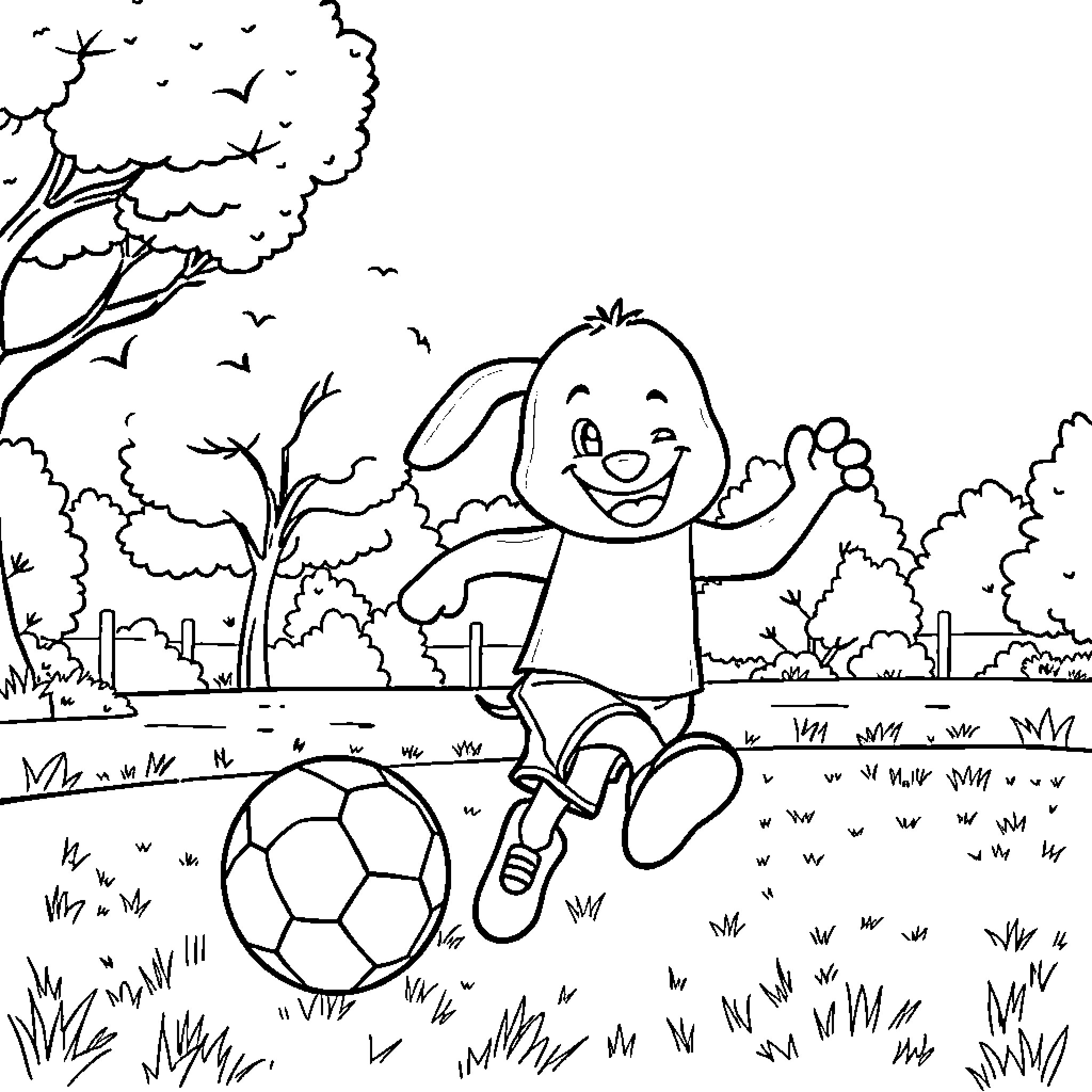 Bluey playing happily with soccer ball in the park Coloring Page (free black-and-white line drawing printable PDF for all, from beginners to advanced learners, including children, teens, adults, and seniors)