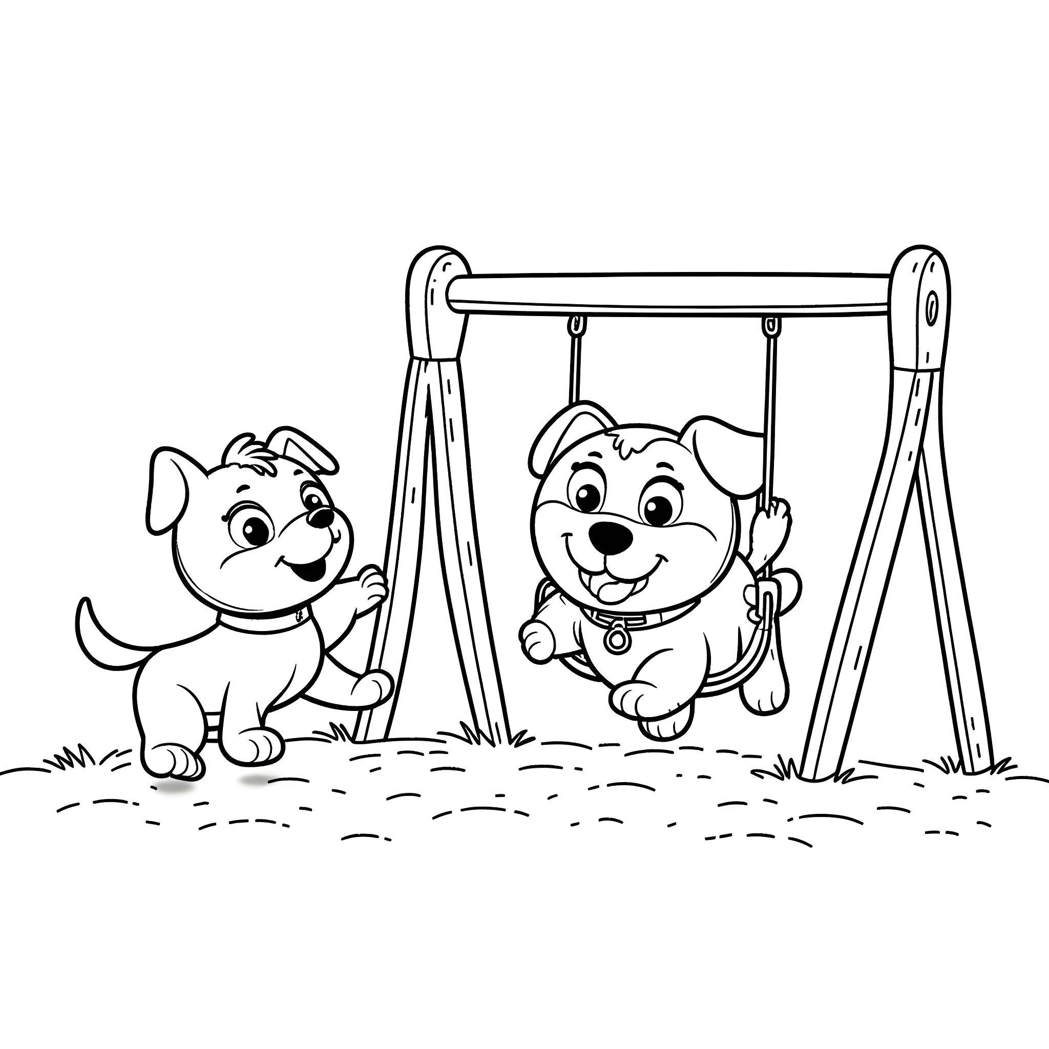 Bluey and Bingo playing on a swing set Coloring Page (free black-and-white line drawing printable PDF for all, from beginners to advanced learners, including children, teens, adults, and seniors)