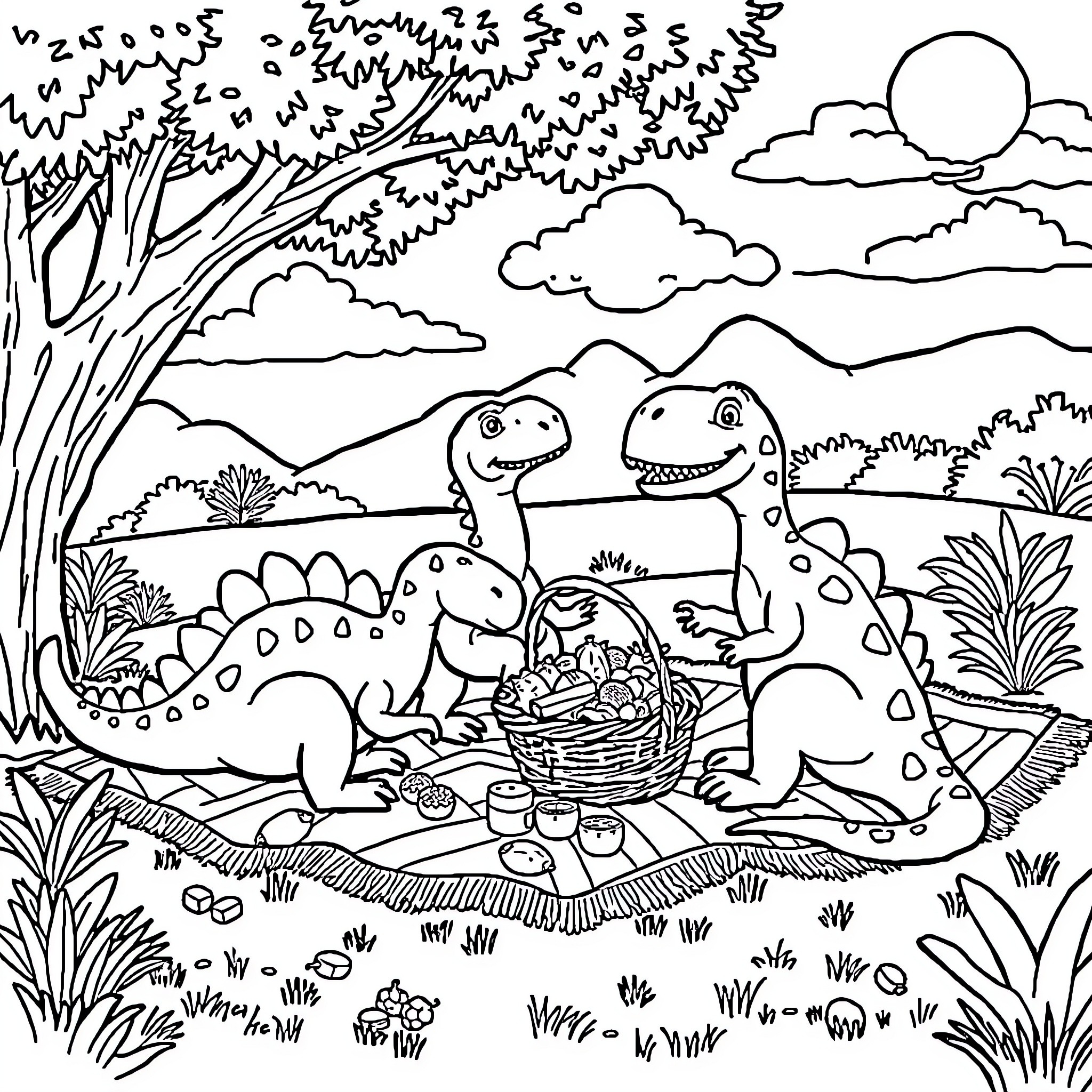 Dinosaur picnic in the lush forest Coloring Page (free black-and-white line drawing printable PDF for all, from beginners to advanced learners, including children, teens, adults, and seniors)