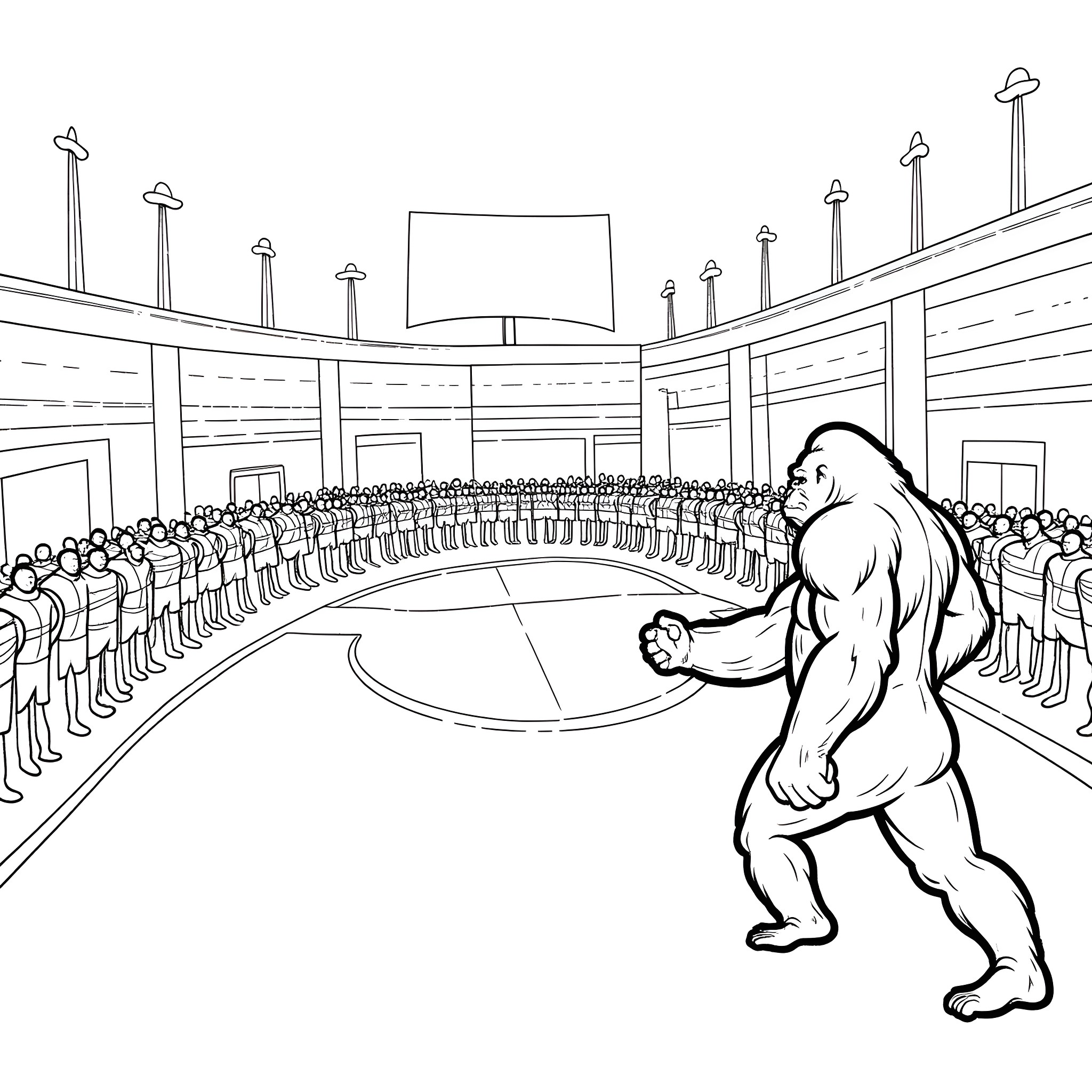 Man stands tall in front of cheering audience Coloring Page (free black-and-white line drawing printable PDF for all, from beginners to advanced learners, including children, teens, adults, and seniors)