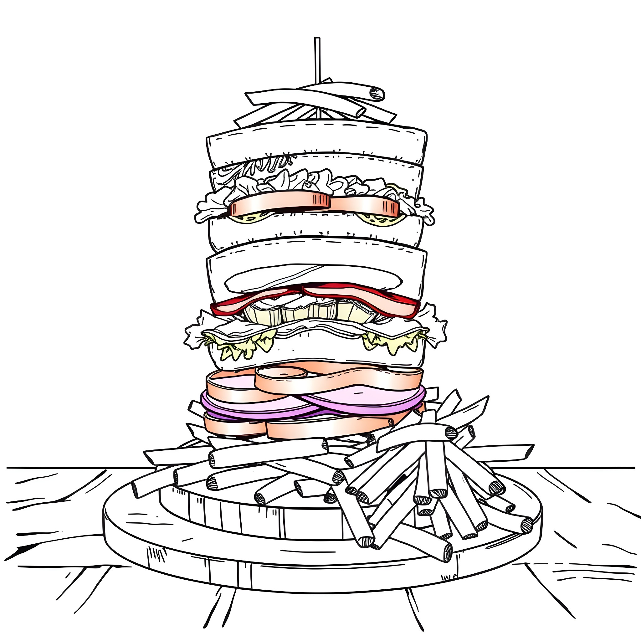 Sandwich with various layers and toppings Coloring Page (free black-and-white line drawing printable PDF for all, from beginners to advanced learners, including children, teens, adults, and seniors)