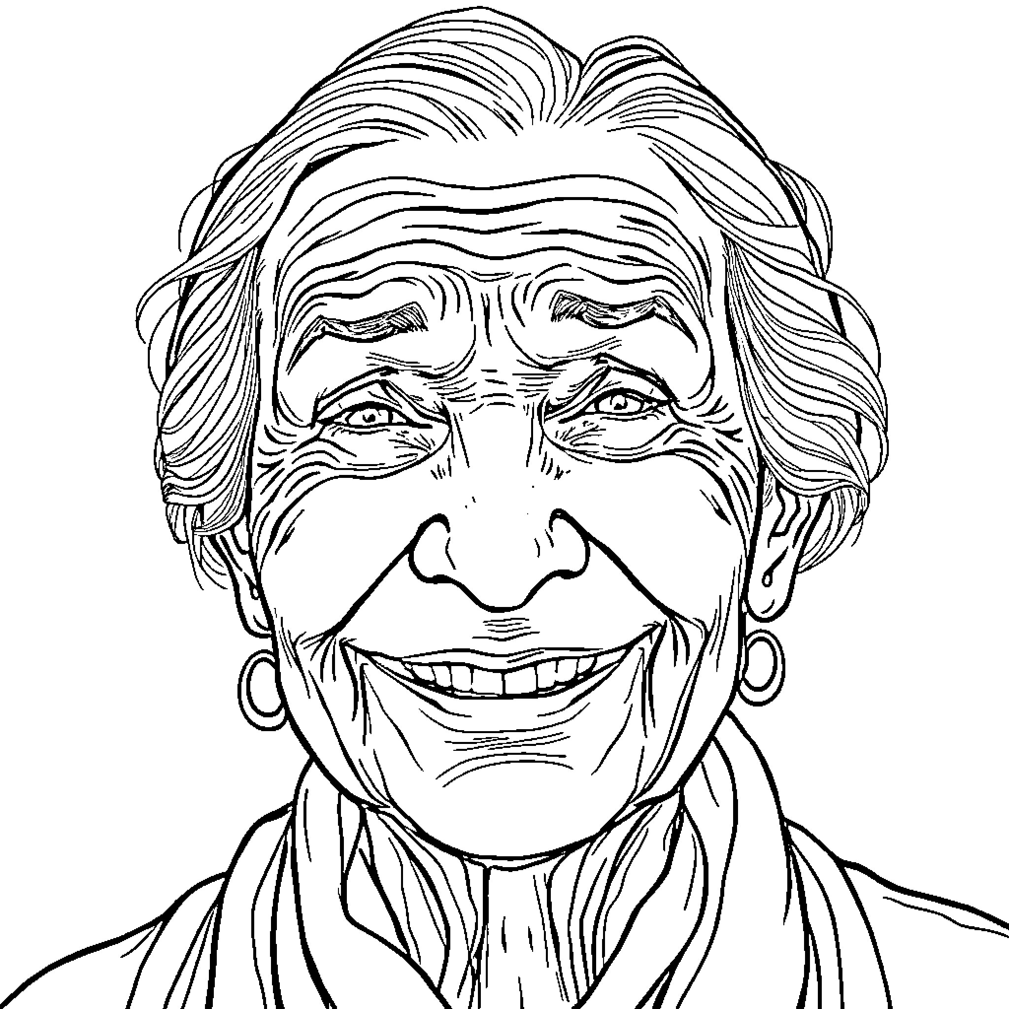Old Woman with Joyful Expression Coloring Page (free black-and-white line drawing printable PDF for all, from beginners to advanced learners, including children, teens, adults, and seniors)