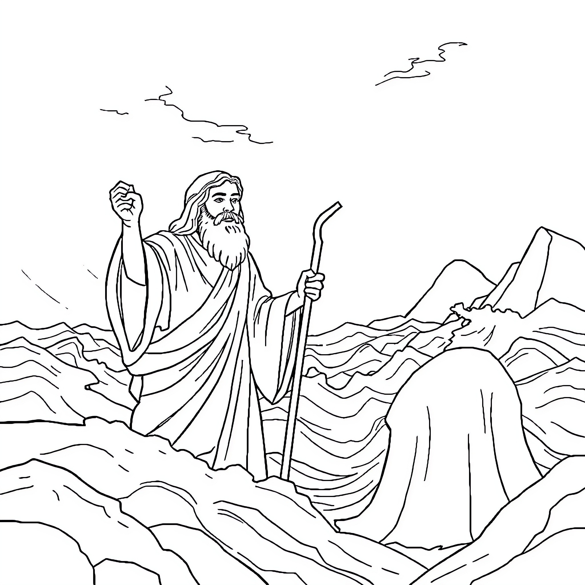 Moses leading the Israelites through the parted waters Coloring Page (free black-and-white line drawing printable PDF for all, from beginners to advanced learners, including children, teens, adults, and seniors)