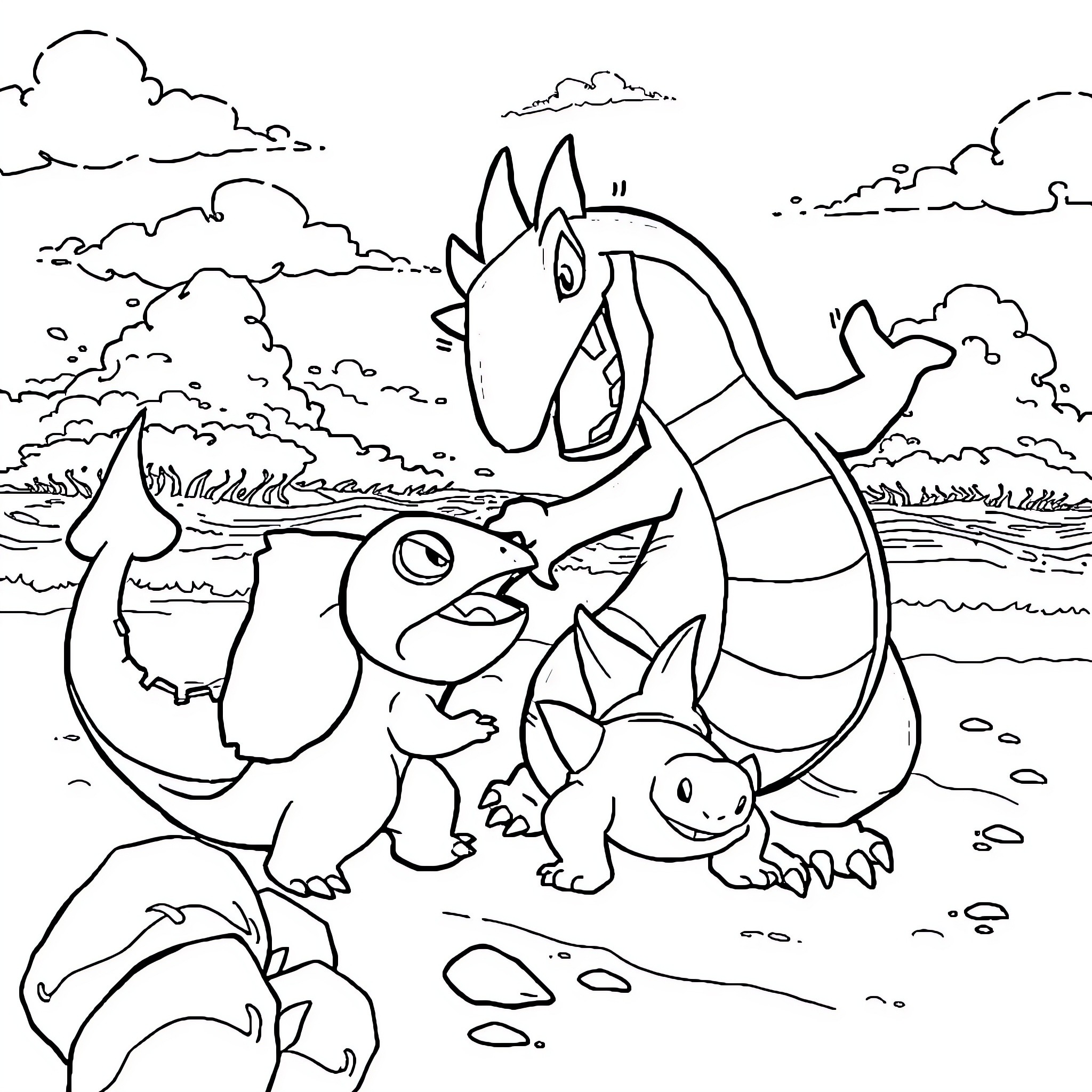 Gyarados and its Pokemon companions in nature Coloring Page (free black-and-white line drawing printable PDF for all, from beginners to advanced learners, including children, teens, adults, and seniors)