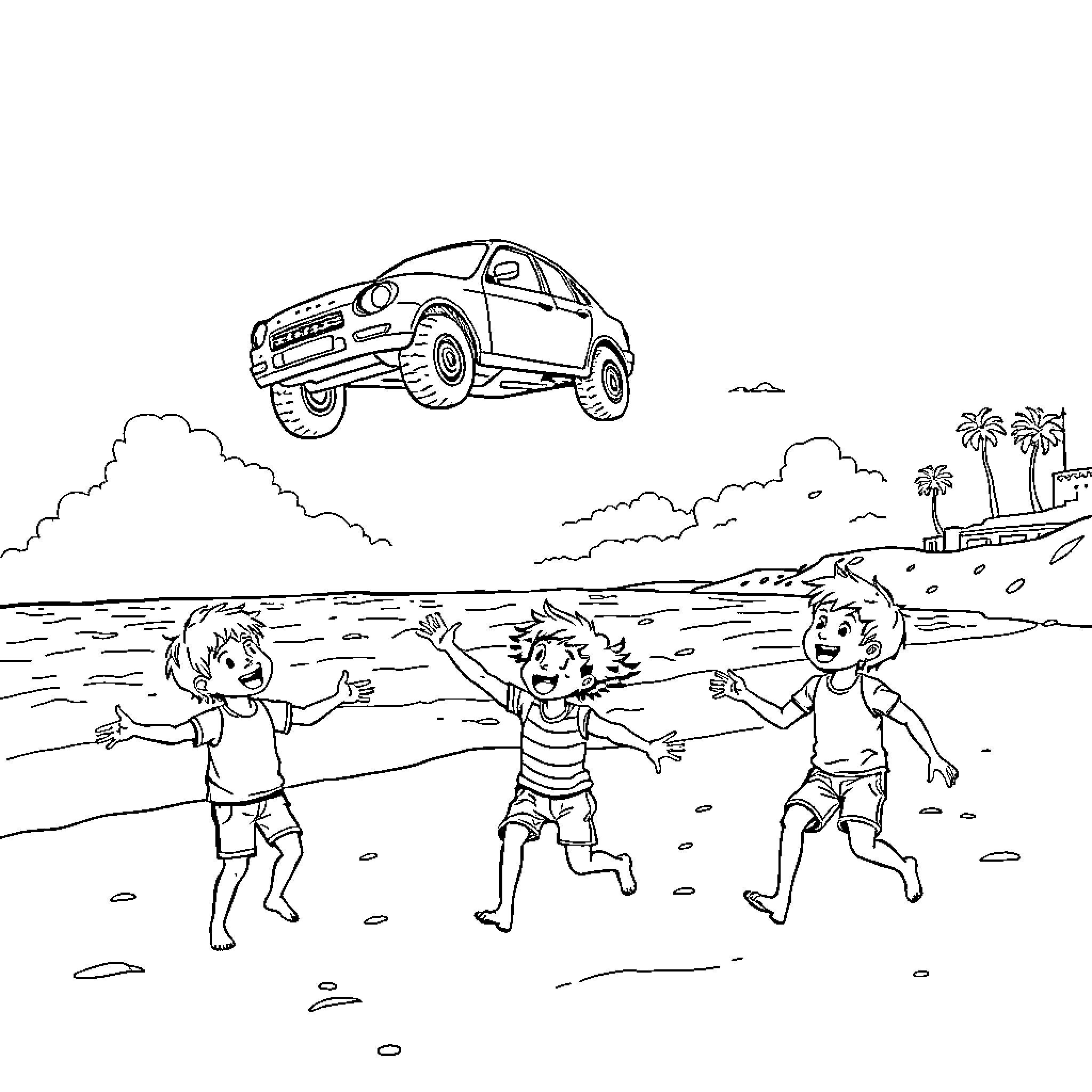 Flying Car Lifts Off as Children Play on Beach Coloring Page (free black-and-white line drawing printable PDF for all, from beginners to advanced learners, including children, teens, adults, and seniors)