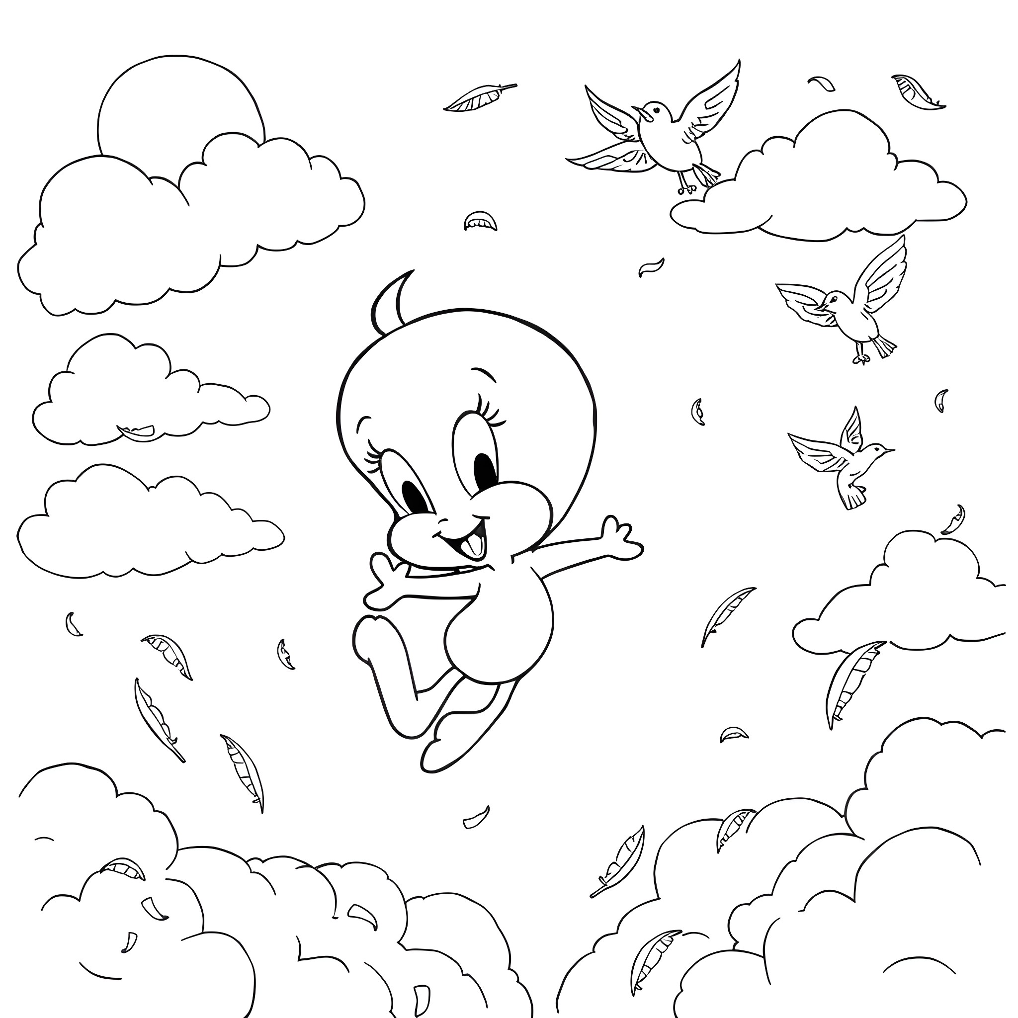 Tweety Bird playing happily in the clouds Coloring Page (free black-and-white line drawing printable PDF for all, from beginners to advanced learners, including children, teens, adults, and seniors)