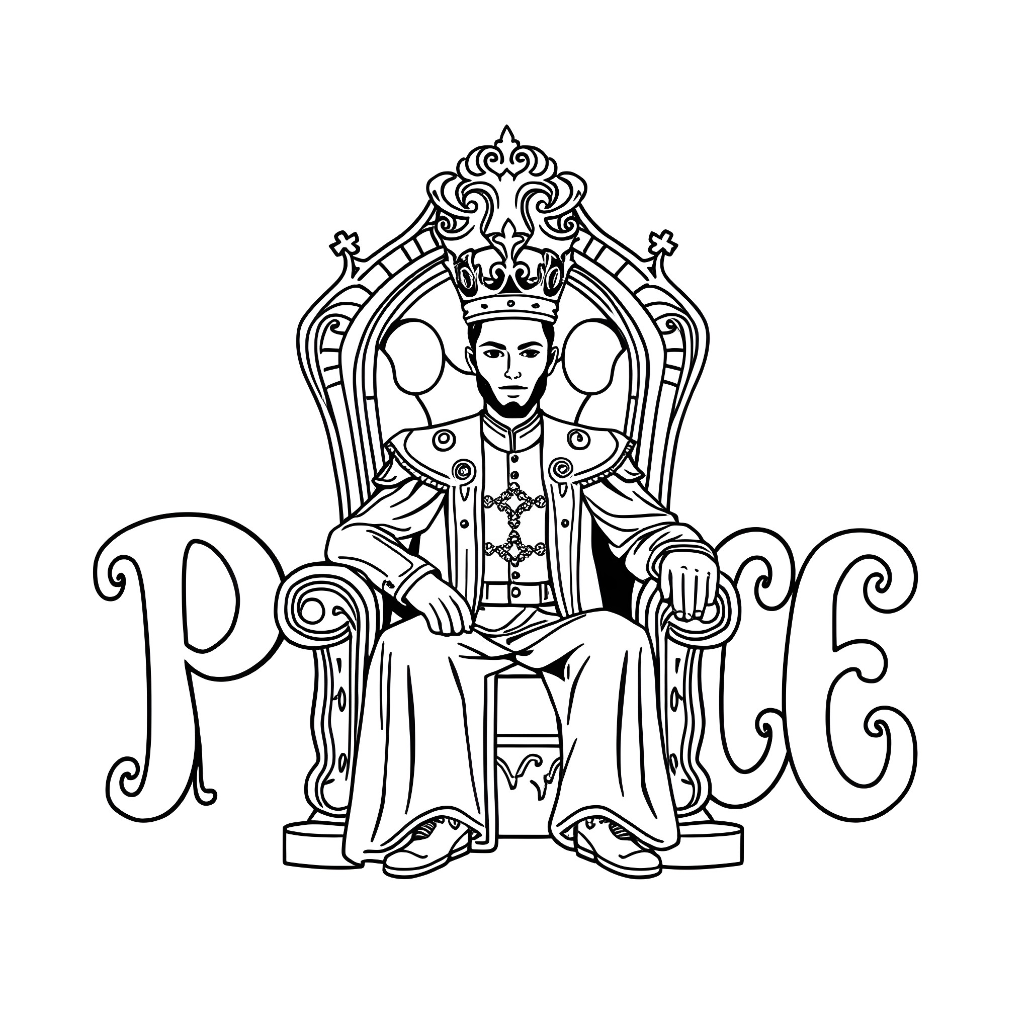 Prince seated on an ornate throne Coloring Page (free black-and-white line drawing printable PDF for all, from beginners to advanced learners, including children, teens, adults, and seniors)