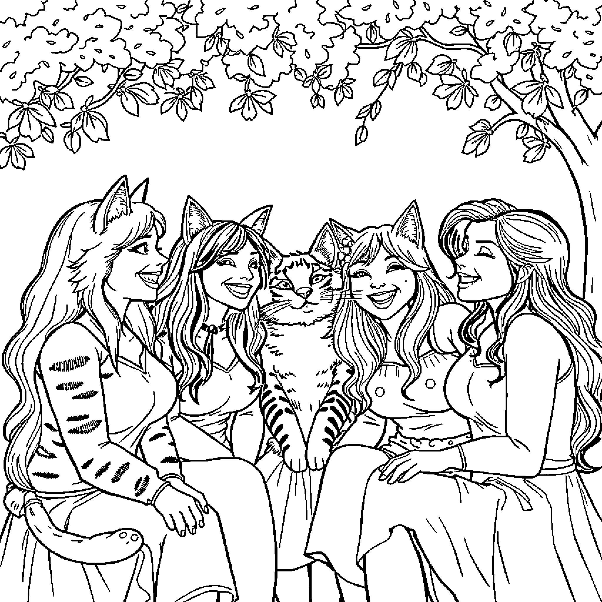 Katseye: Friends Enjoying Nature's Beauty Coloring Page (free black-and-white line drawing printable PDF for all, from beginners to advanced learners, including children, teens, adults, and seniors)