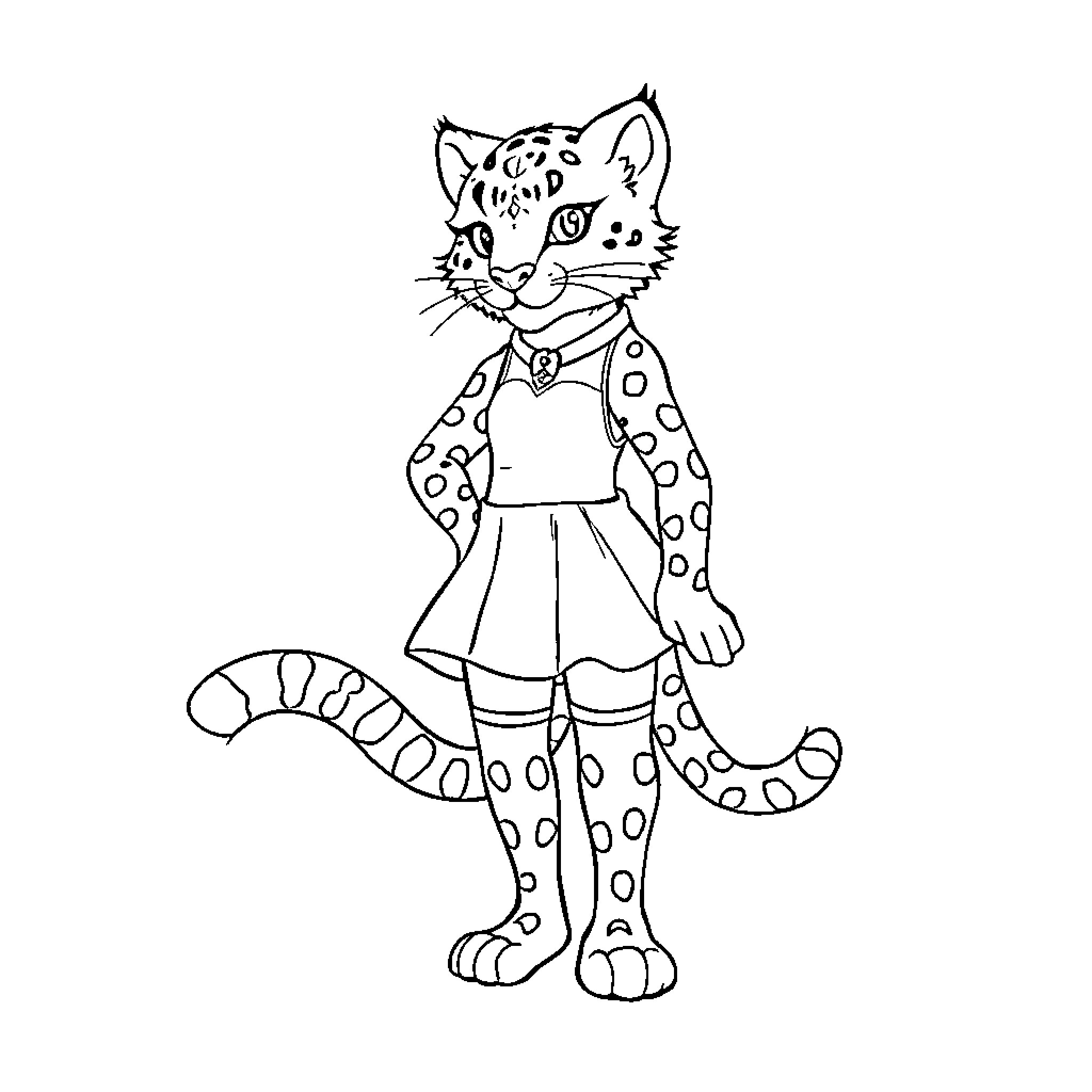 Fursona of a Spotted Feline Character Coloring Page (free black-and-white line drawing printable PDF for all, from beginners to advanced learners, including children, teens, adults, and seniors)