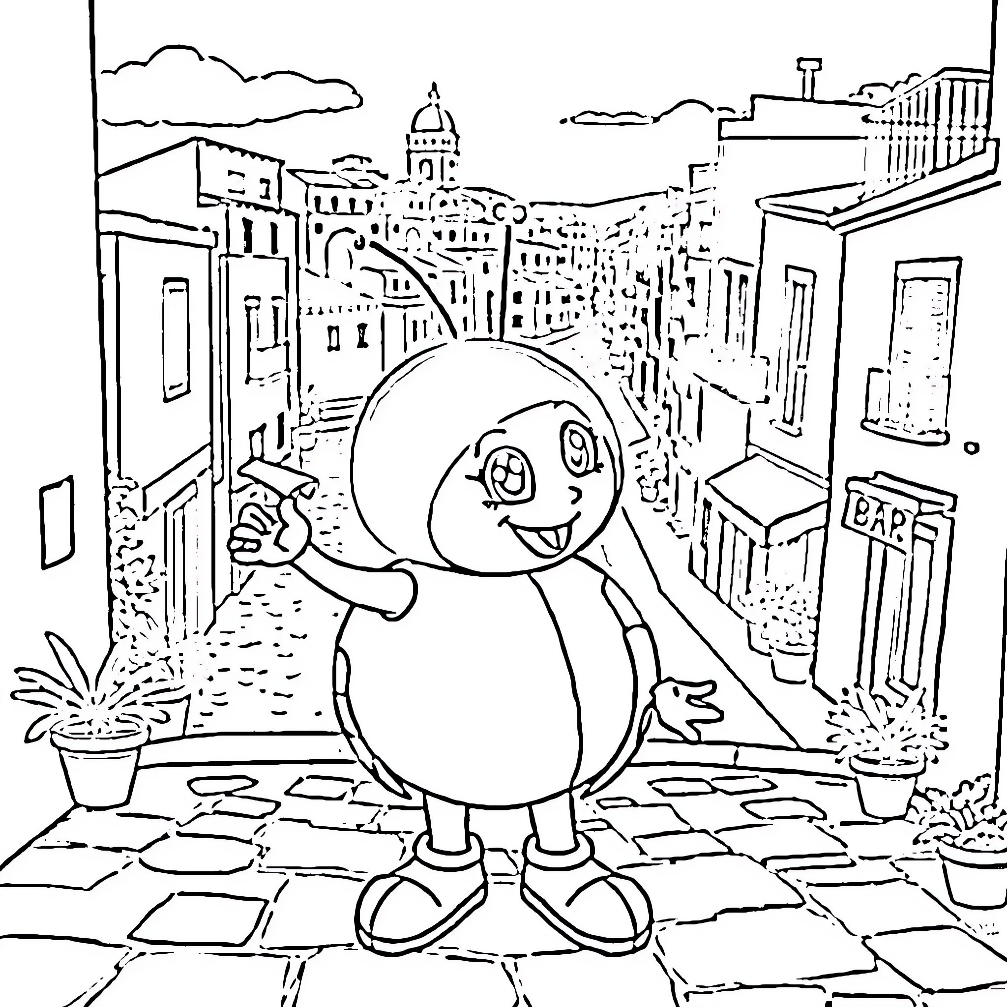 Lady Bug Exploring the Charming City Street Coloring Page (free black-and-white line drawing printable PDF for all, from beginners to advanced learners, including children, teens, adults, and seniors)