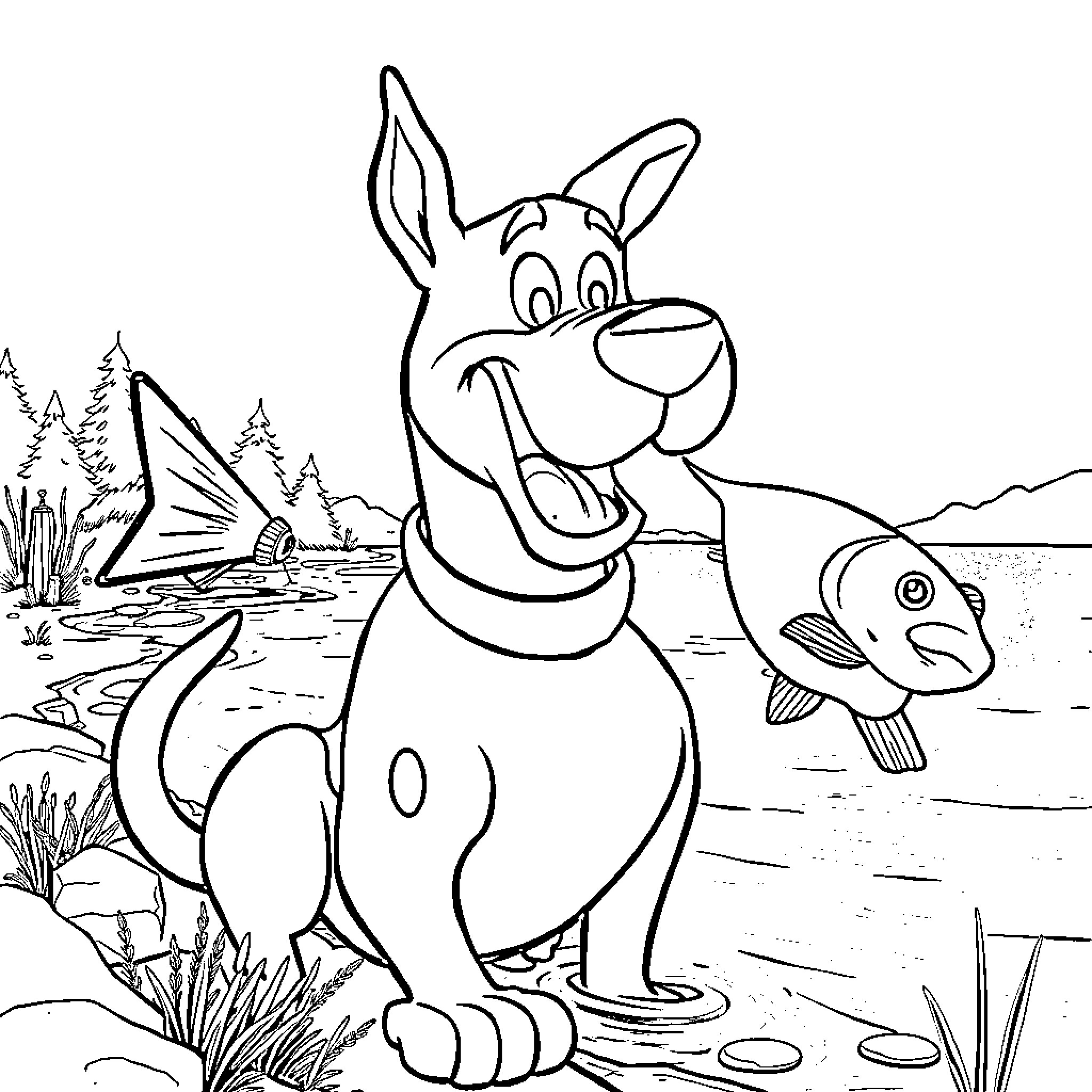 Scooby Doo goes fishing by the lake Coloring Page (free black-and-white line drawing printable PDF for all, from beginners to advanced learners, including children, teens, adults, and seniors)