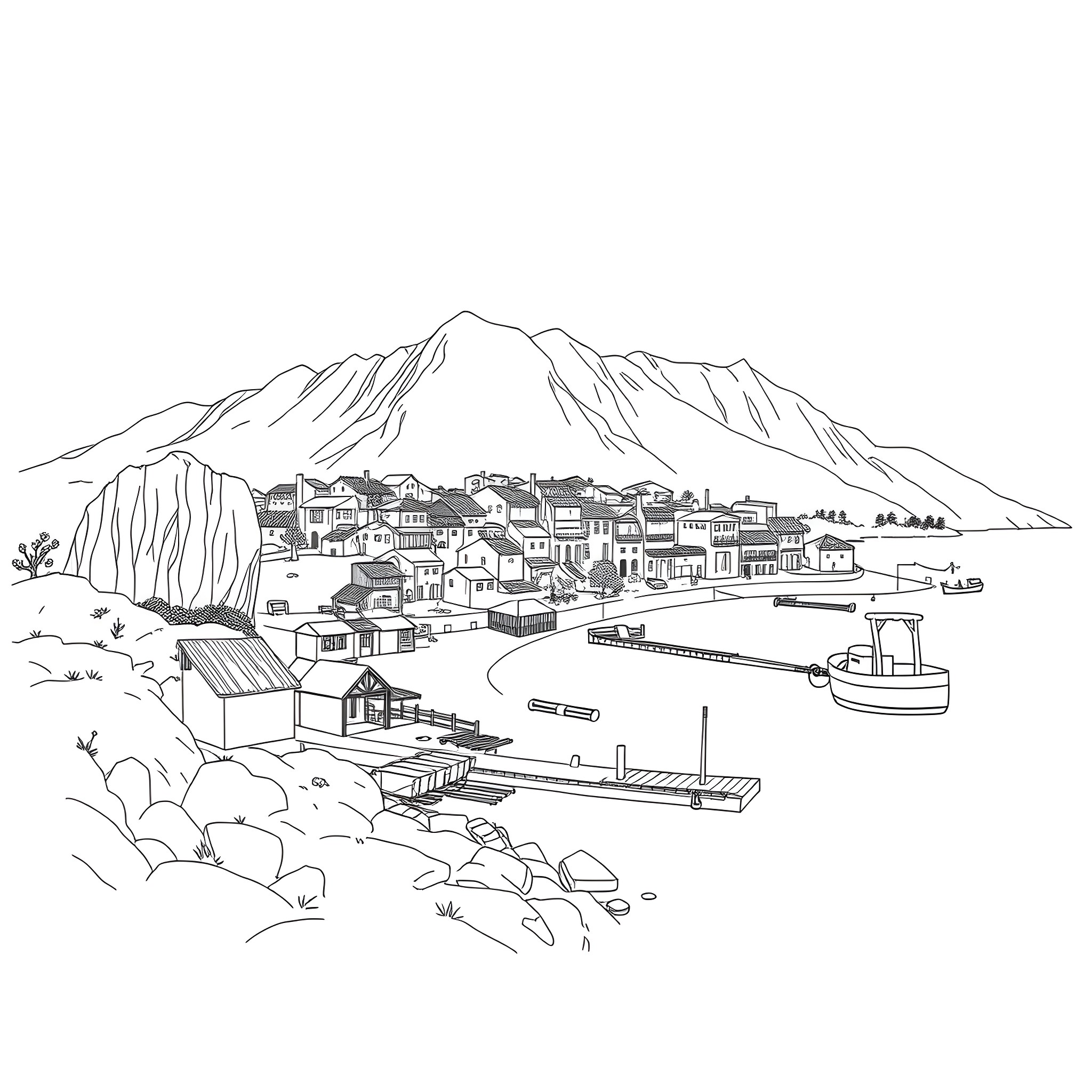 Pueblo town nestled in the mountains Coloring Page (free black-and-white line drawing printable PDF for all, from beginners to advanced learners, including children, teens, adults, and seniors)