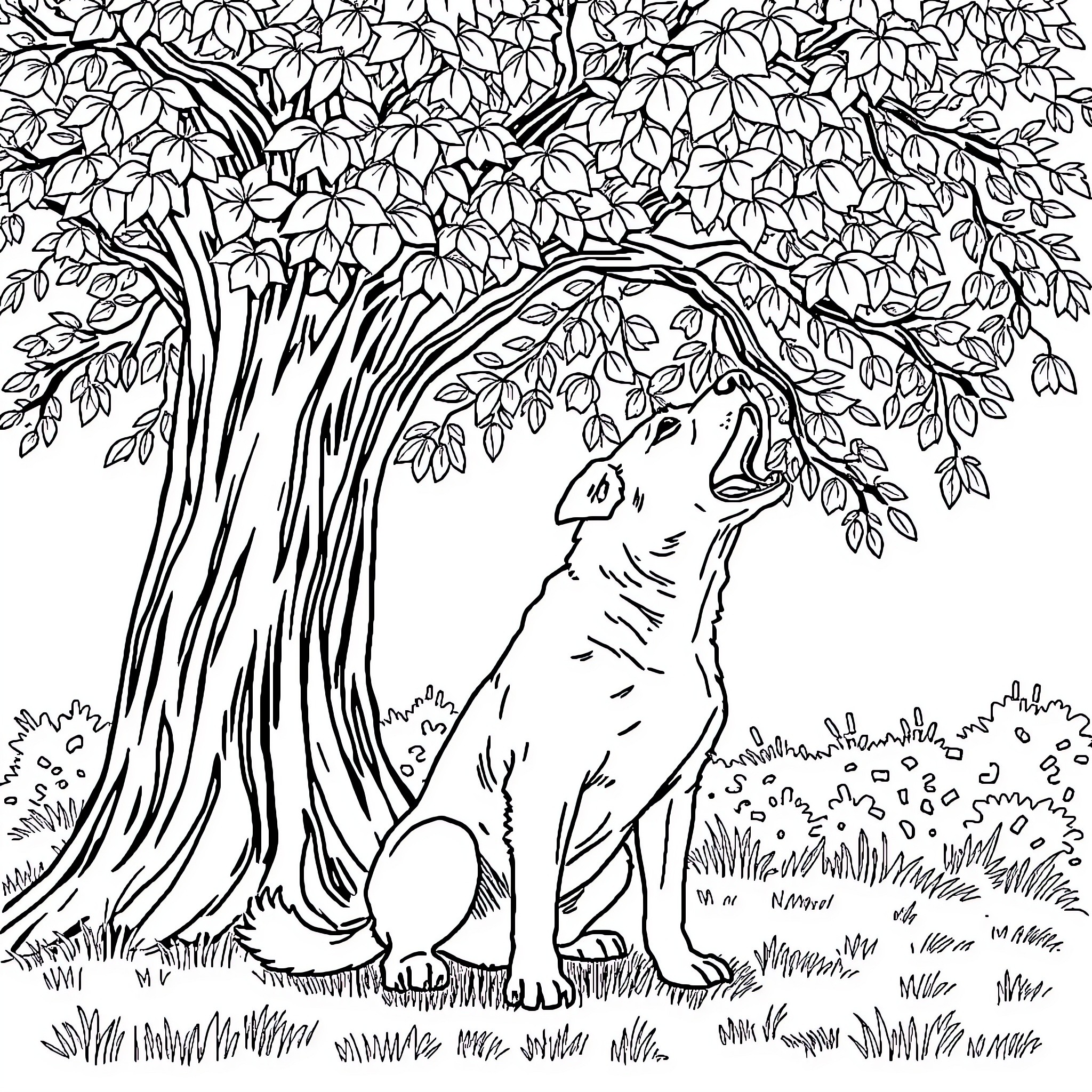 Dog admiring nature under the tree Coloring Page (free black-and-white line drawing printable PDF for all, from beginners to advanced learners, including children, teens, adults, and seniors)