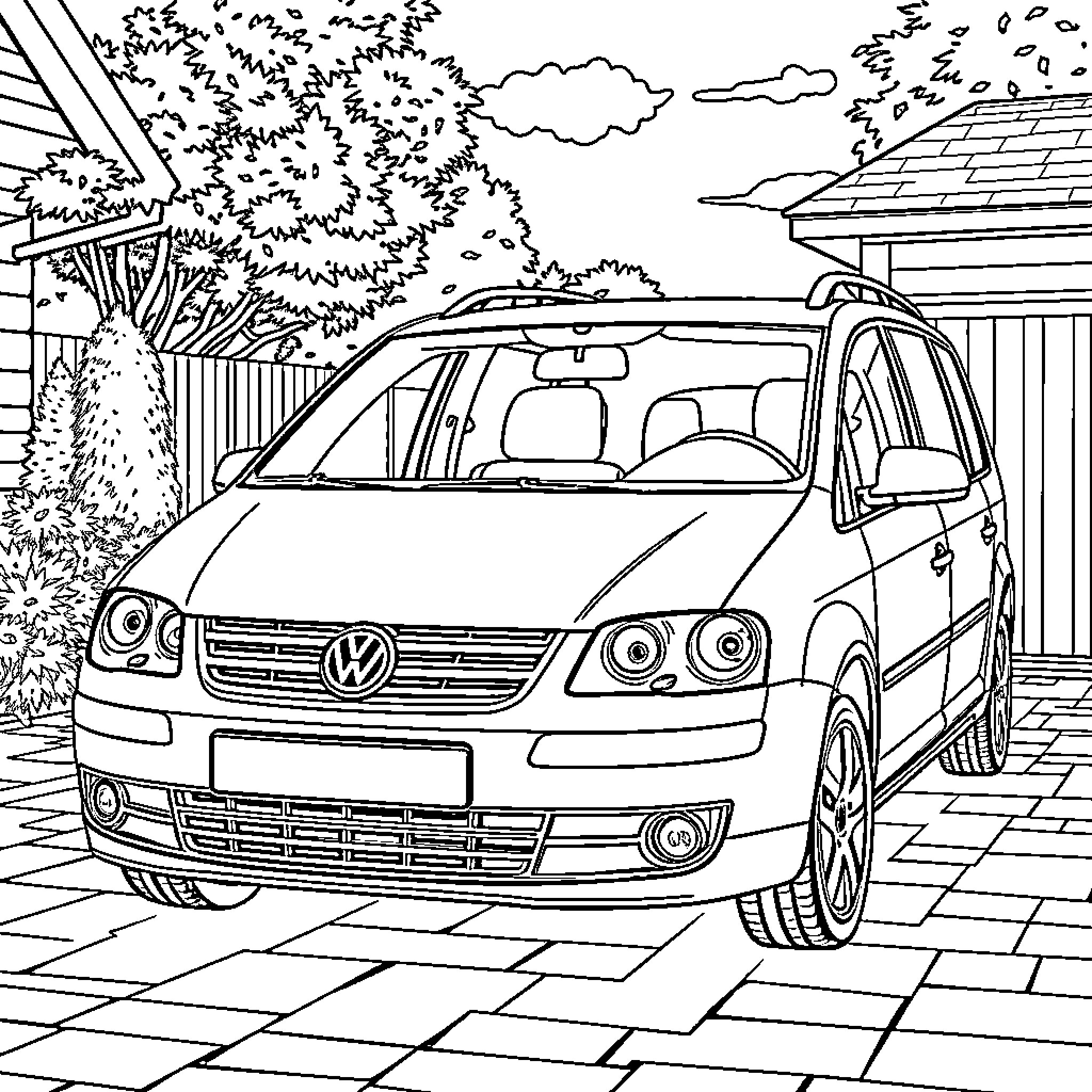 VW Touran parked in a driveway with trees and buildings Coloring Page (free black-and-white line drawing printable PDF for all, from beginners to advanced learners, including children, teens, adults, and seniors)