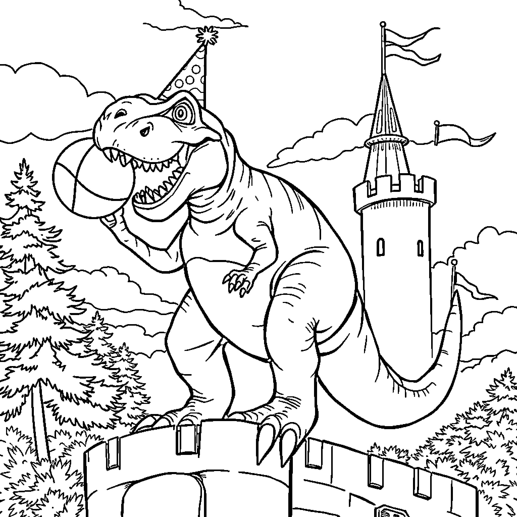 T-Rex Menacing Castle in the Forest Coloring Page (free black-and-white line drawing printable PDF for all, from beginners to advanced learners, including children, teens, adults, and seniors)