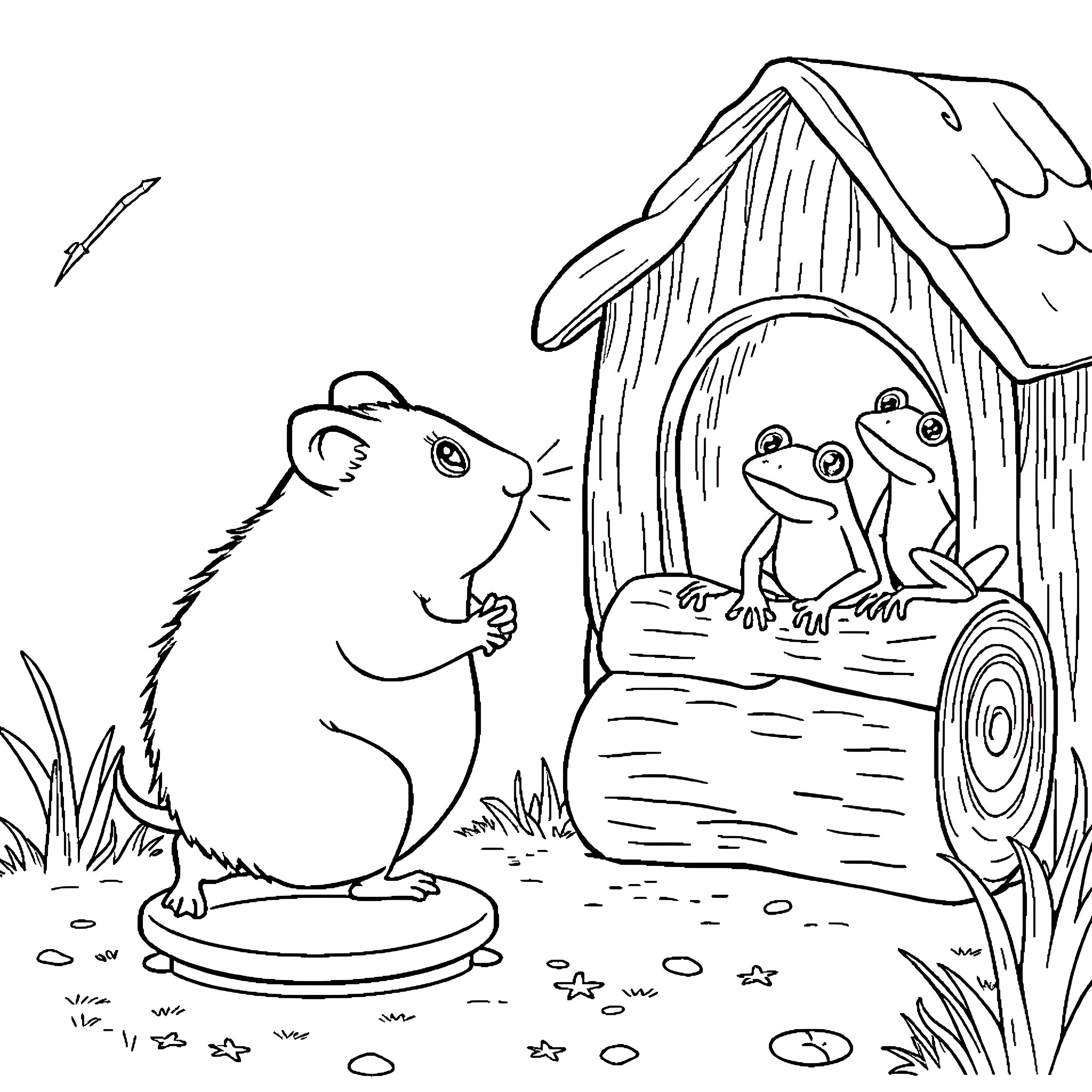 Hamster observing frogs in a cozy wooden home Coloring Page (free black-and-white line drawing printable PDF for all, from beginners to advanced learners, including children, teens, adults, and seniors)