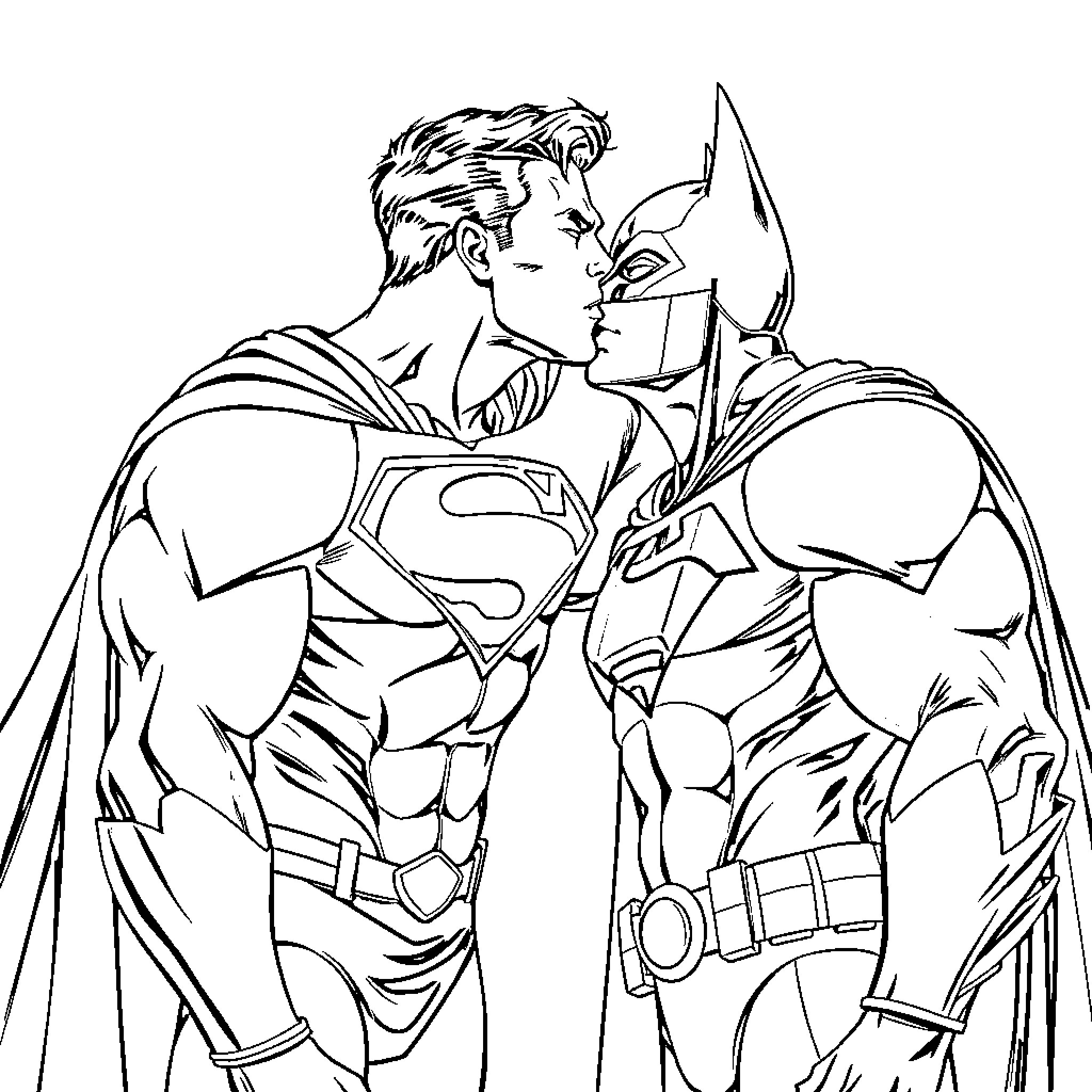 Superman and Batman in confrontational pose Coloring Page (free black-and-white line drawing printable PDF for all, from beginners to advanced learners, including children, teens, adults, and seniors)