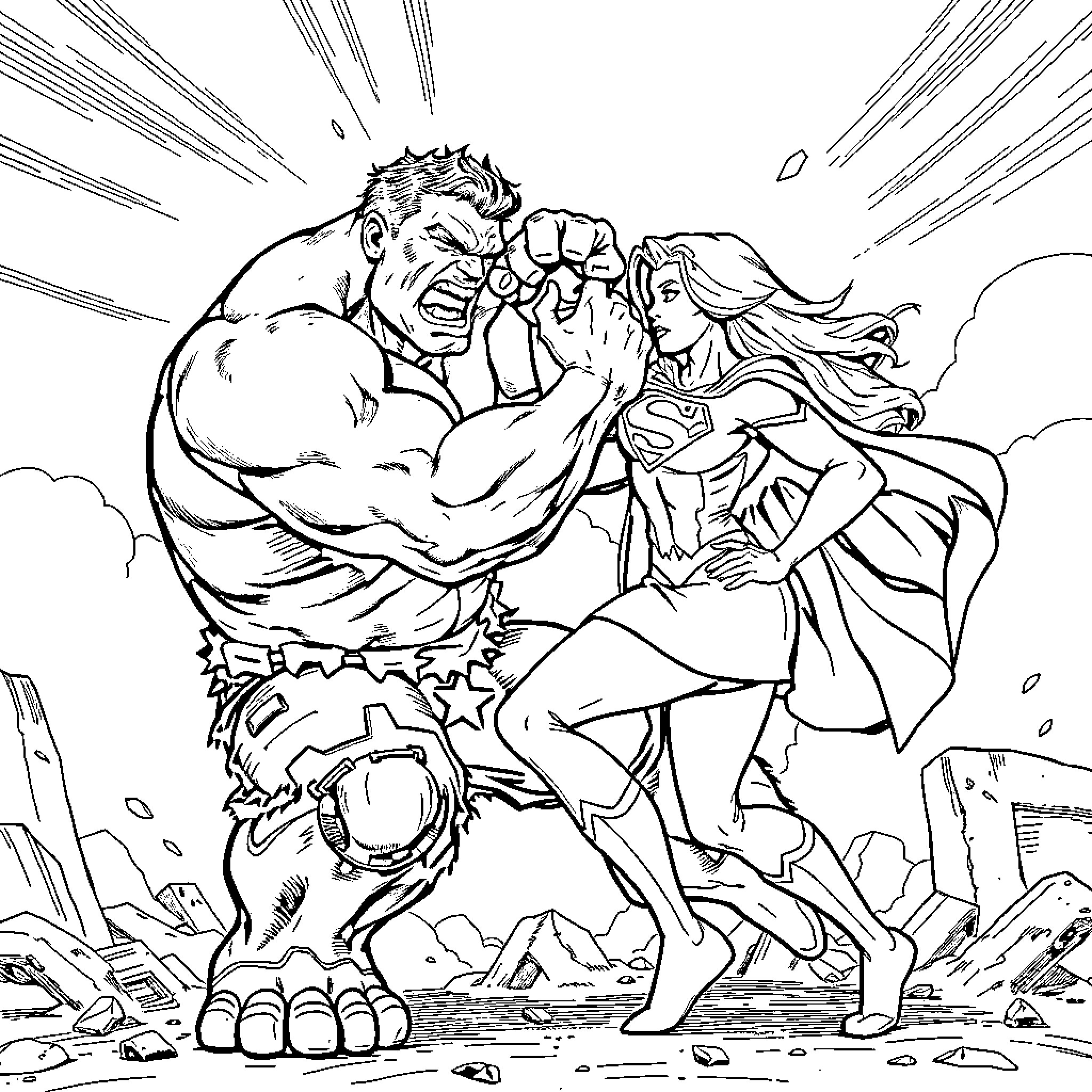 Hulk Smashing Through Debris with Heroine by His Side Coloring Page (free black-and-white line drawing printable PDF for all, from beginners to advanced learners, including children, teens, adults, and seniors)