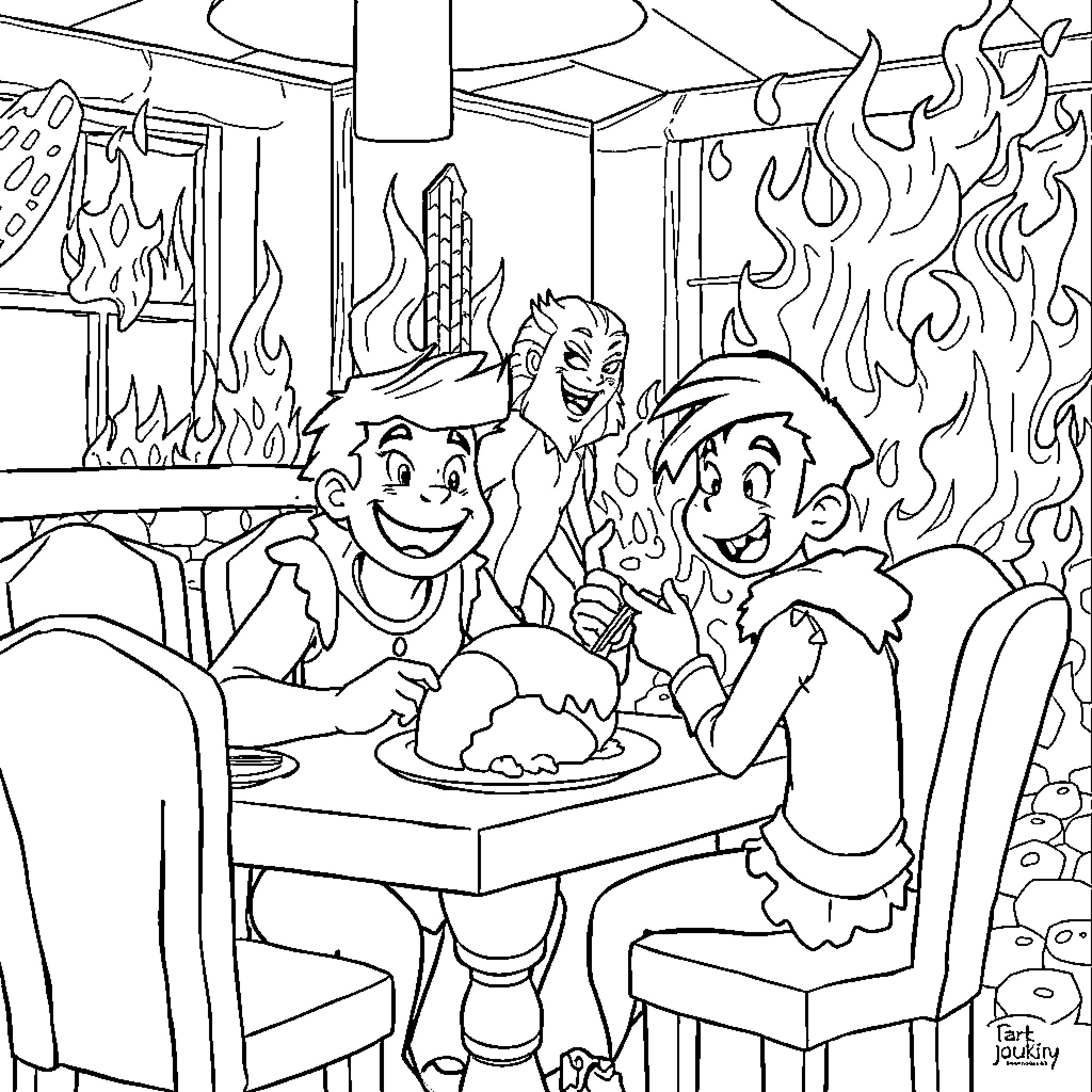 Jax and Friends Enjoy a Fiery Feast Coloring Page (free black-and-white line drawing printable PDF for all, from beginners to advanced learners, including children, teens, adults, and seniors)