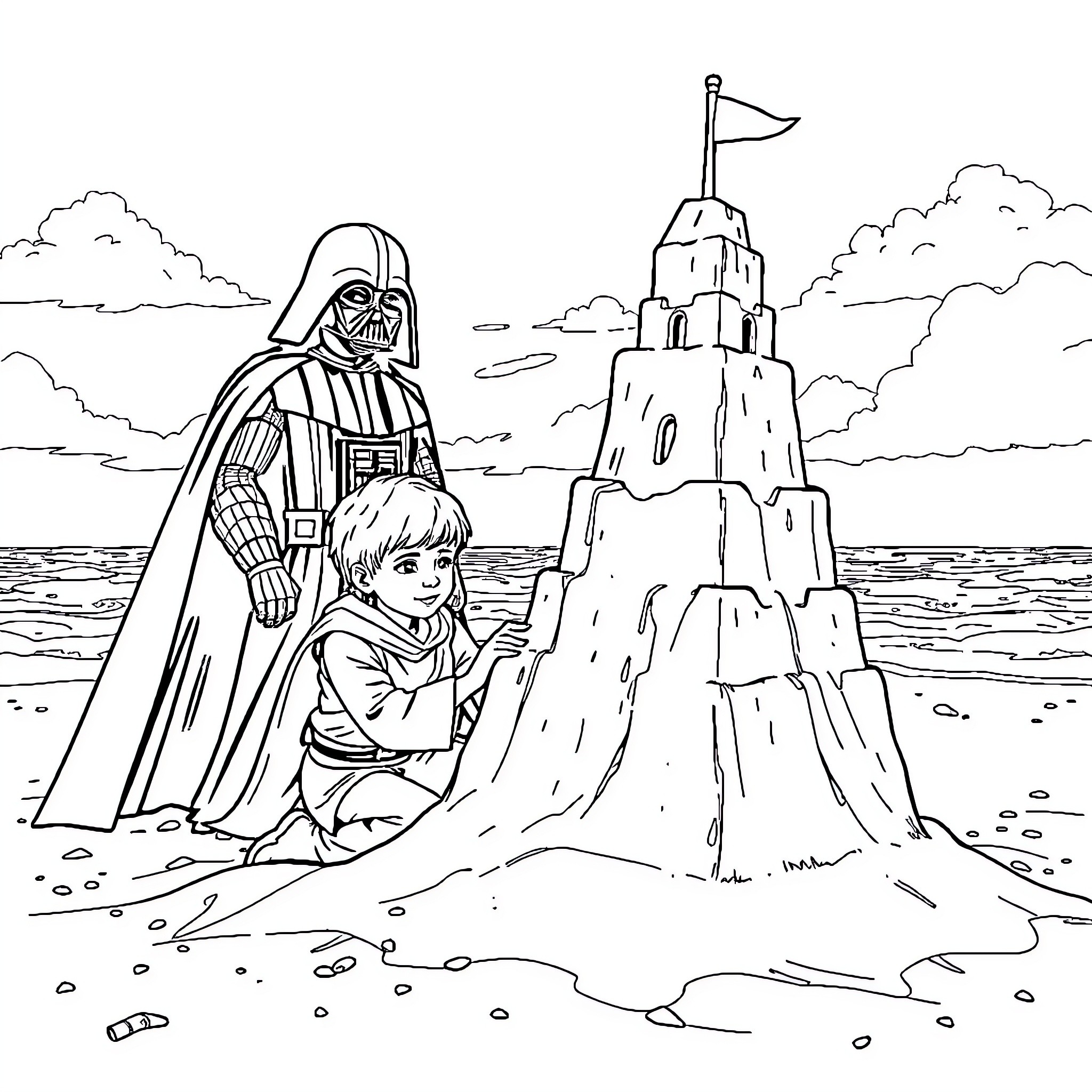 Luke and Leia Building a Sandcastle with Darth Vader Coloring Page (free black-and-white line drawing printable PDF for all, from beginners to advanced learners, including children, teens, adults, and seniors)
