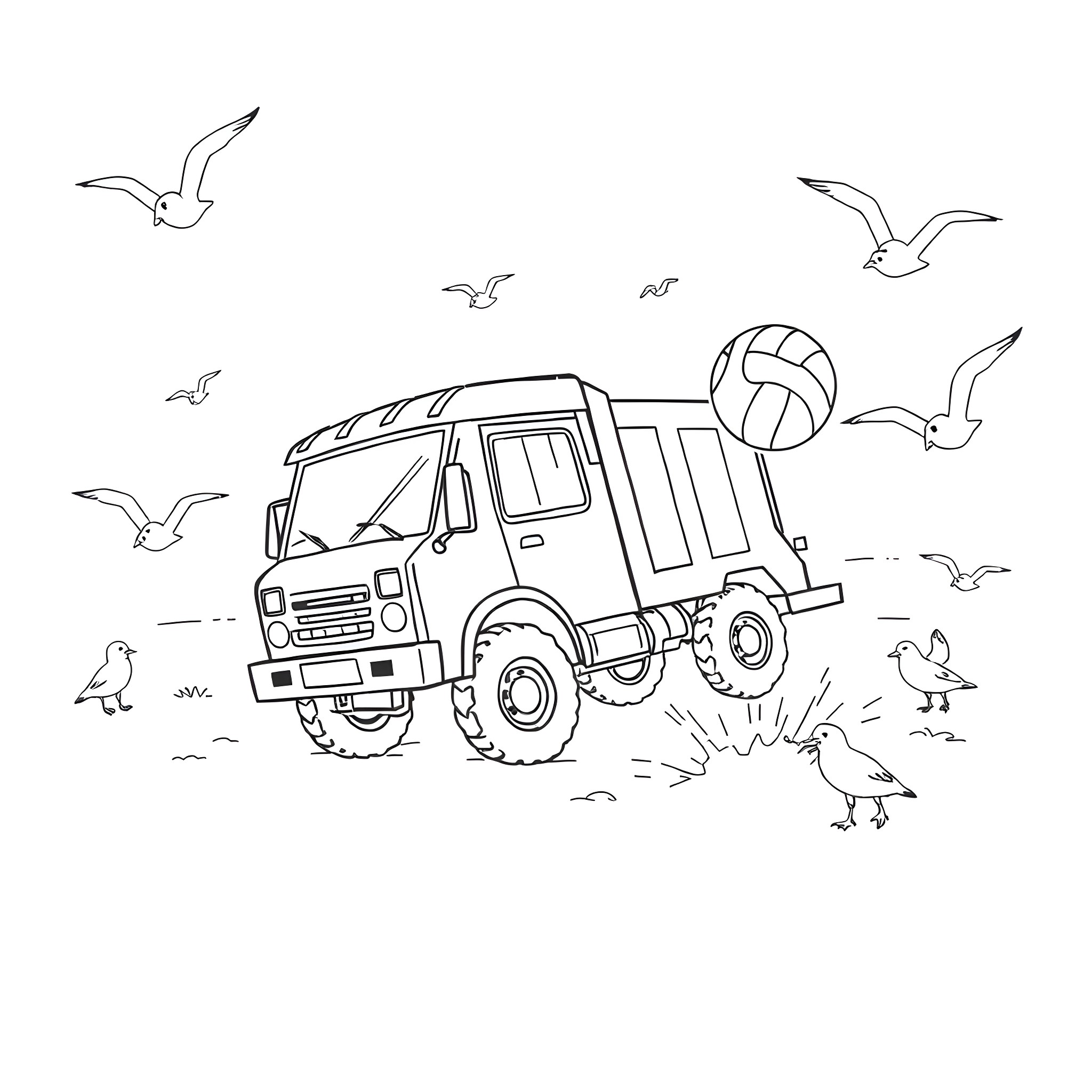 Trash Truck Collecting Refuse Amidst Seagulls Coloring Page (free black-and-white line drawing printable PDF for all, from beginners to advanced learners, including children, teens, adults, and seniors)