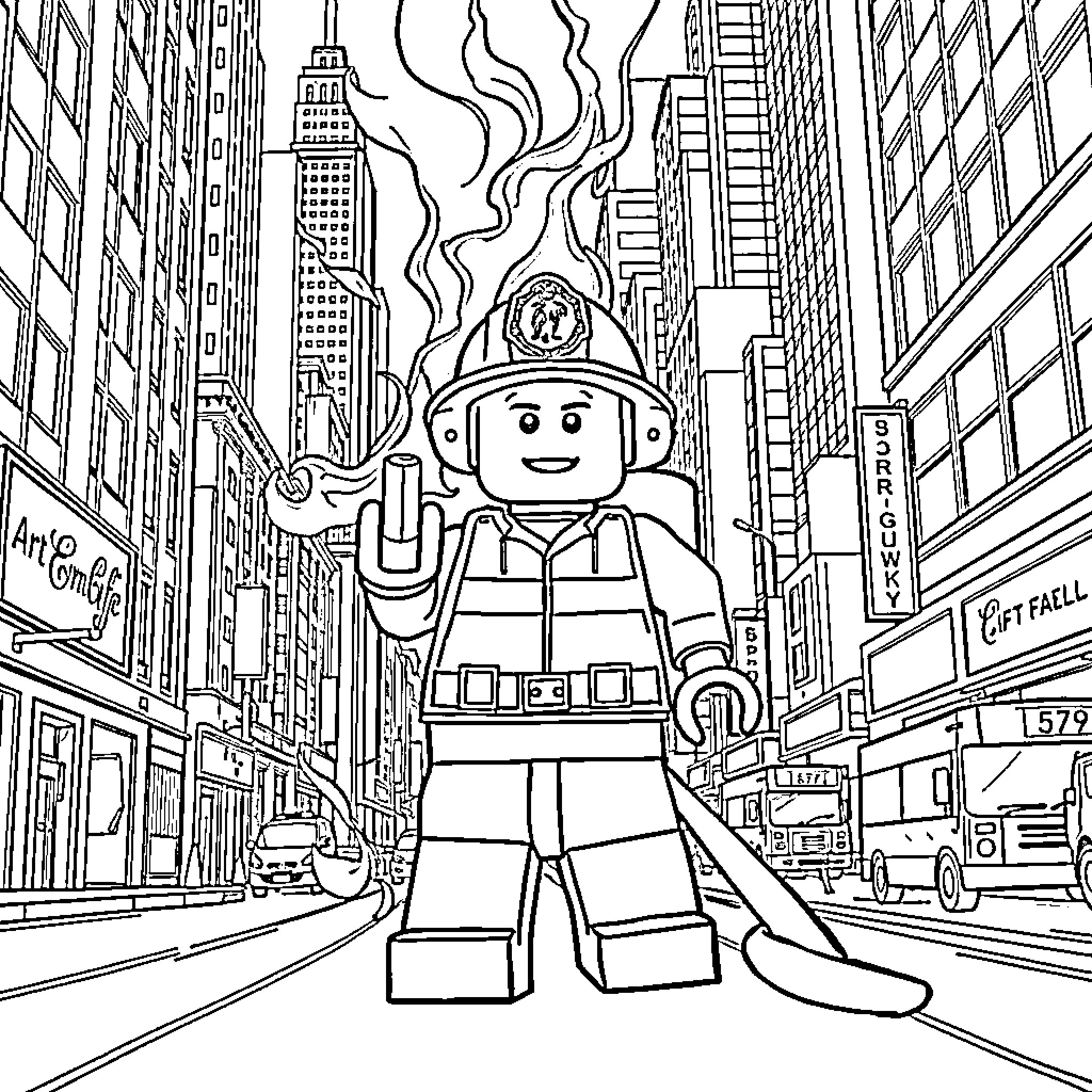 Firefighter Tackling Blaze in the City Coloring Page (free black-and-white line drawing printable PDF for all, from beginners to advanced learners, including children, teens, adults, and seniors)