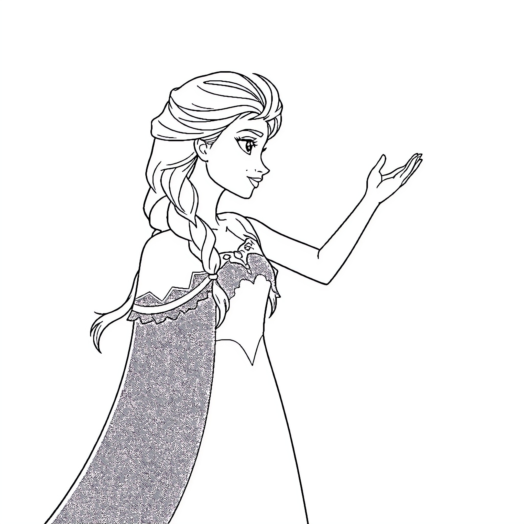 Elsa in elegant pose with flowing dress Coloring Page (free black-and-white line drawing printable PDF for all, from beginners to advanced learners, including children, teens, adults, and seniors)
