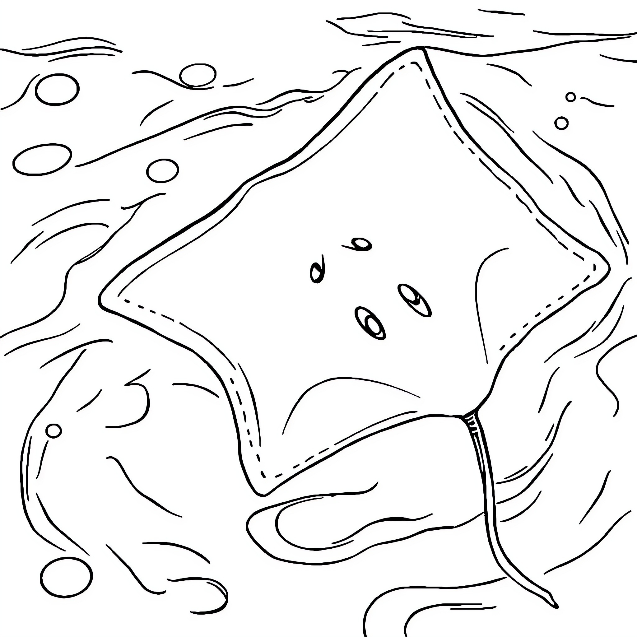 Stingray gliding gracefully through the waves Coloring Page (free black-and-white line drawing printable PDF for all, from beginners to advanced learners, including children, teens, adults, and seniors)