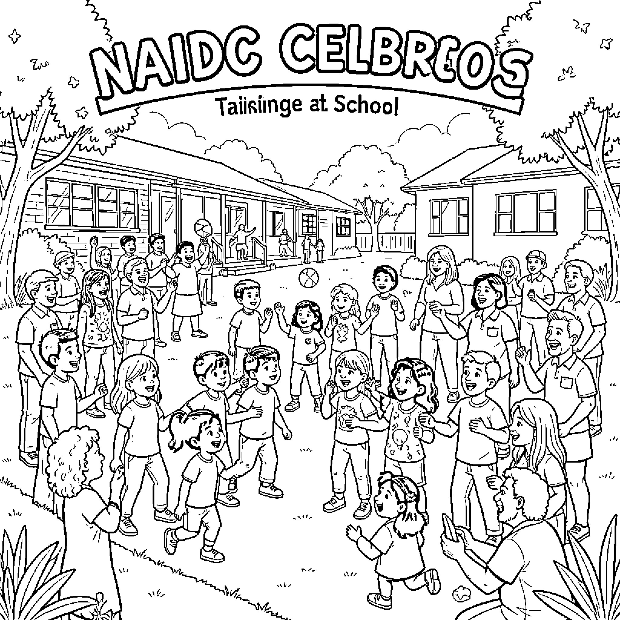 Naidoc celebrations with children playing outdoors at school Coloring Page (free black-and-white line drawing printable PDF for all, from beginners to advanced learners, including children, teens, adults, and seniors)